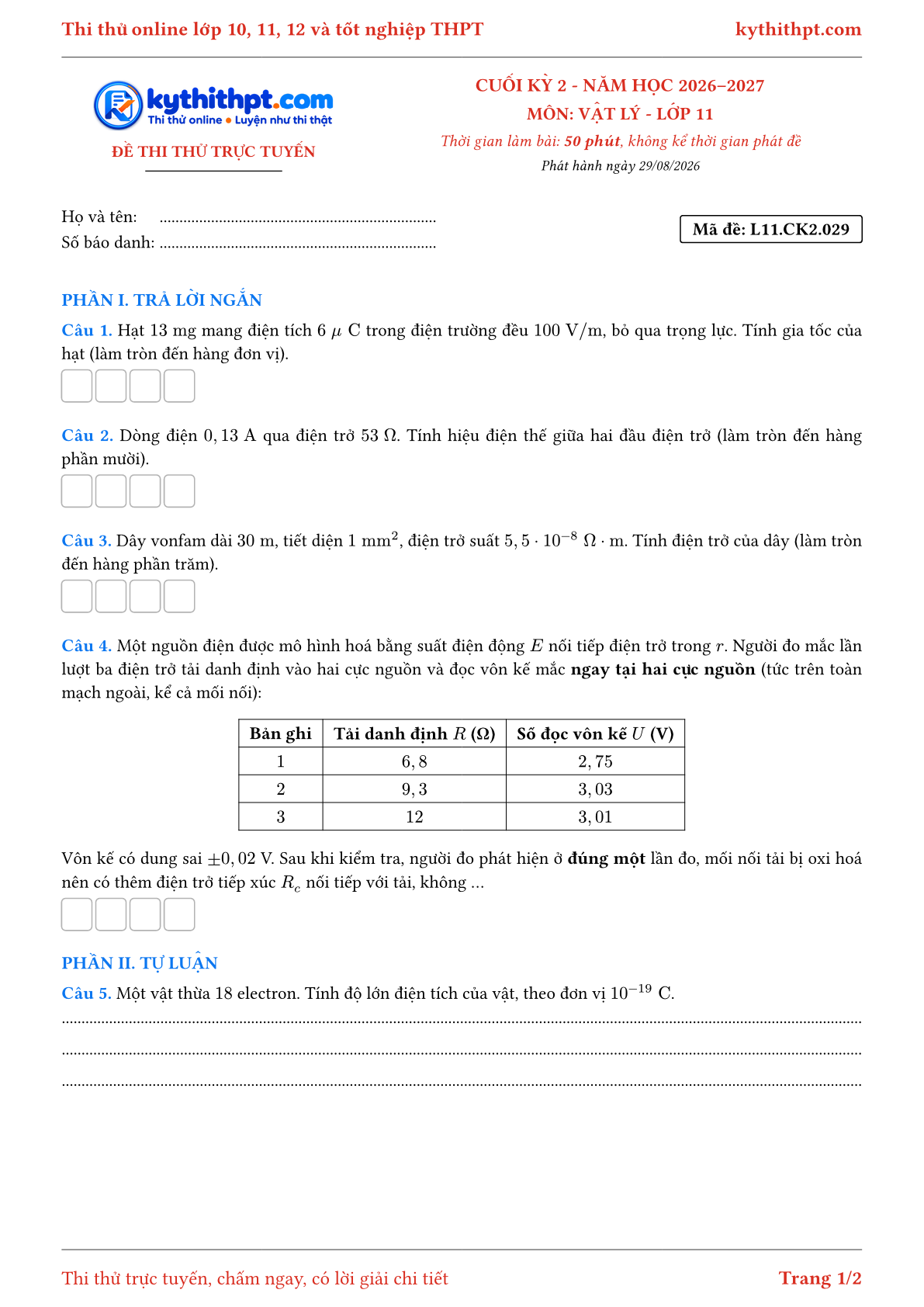 Trang đầu Đề thi thử online cuối kỳ 2 môn Vật lý lớp 11 - trả lời ngắn + tự luận - đề 029