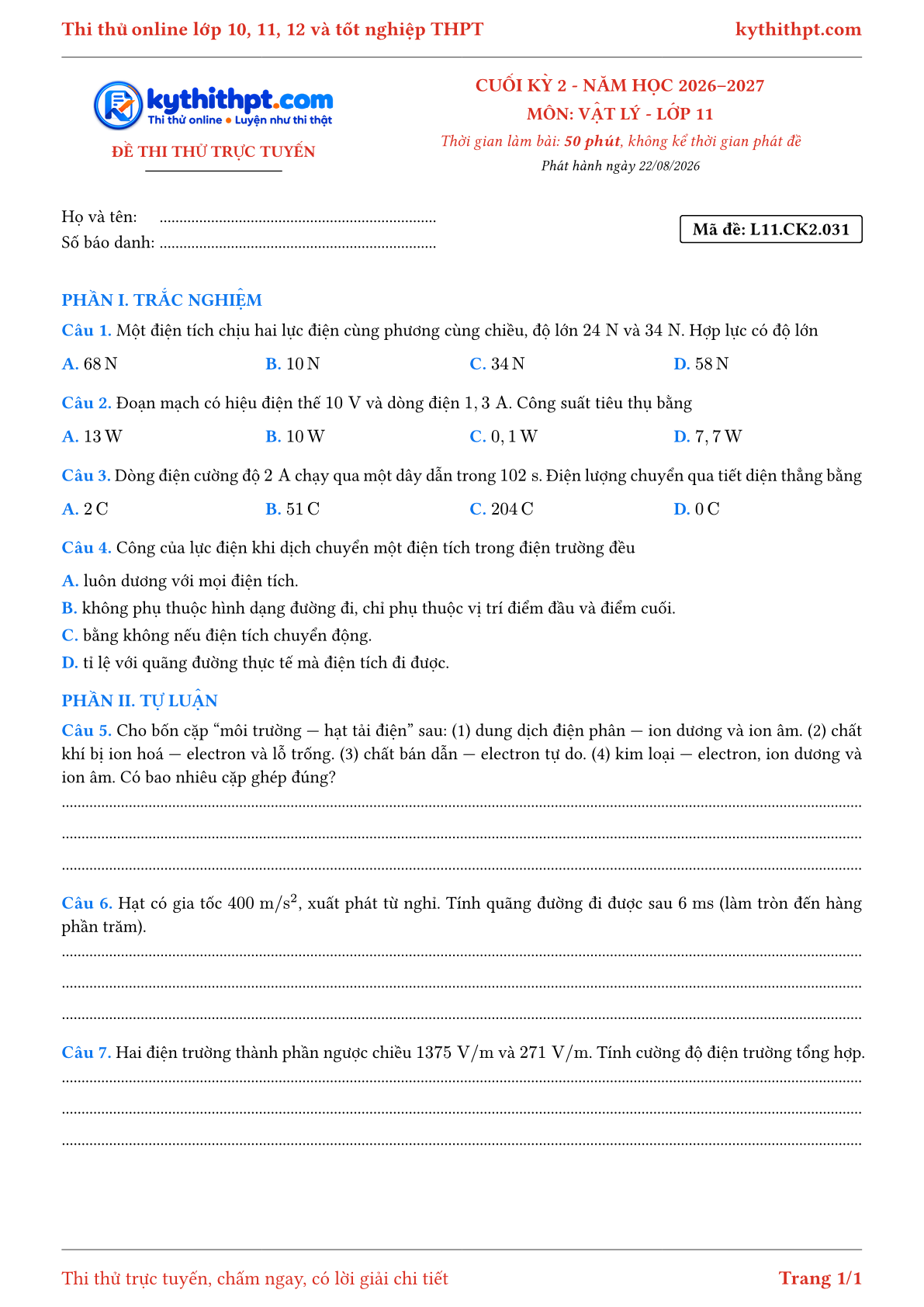 Trang đầu Đề thi thử online cuối kỳ 2 môn Vật lý lớp 11 - trắc nghiệm + tự luận nâng cao - đề 031