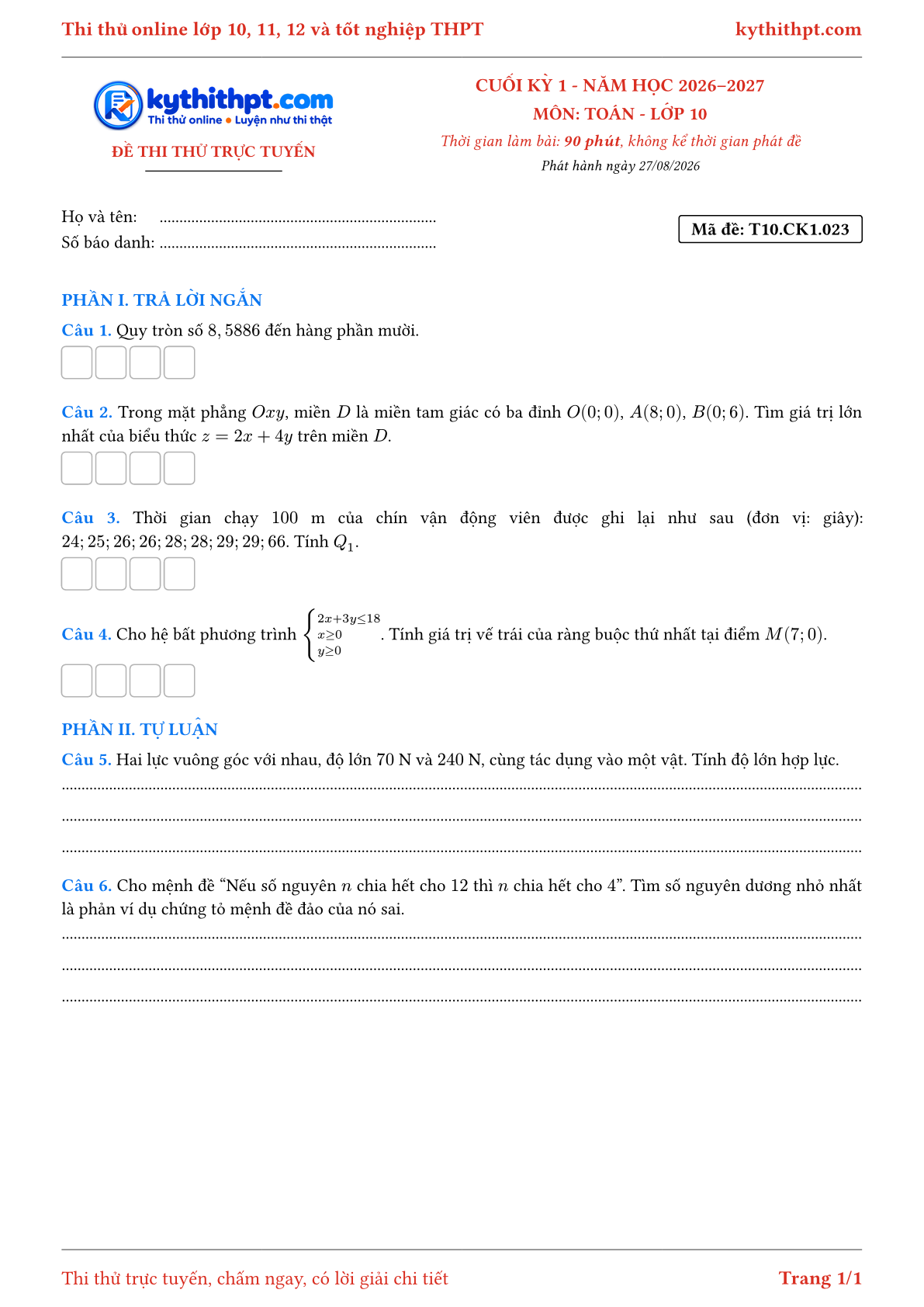 Trang đầu Đề thi thử online cuối kỳ 1 môn Toán lớp 10 - trả lời ngắn + tự luận - đề 023