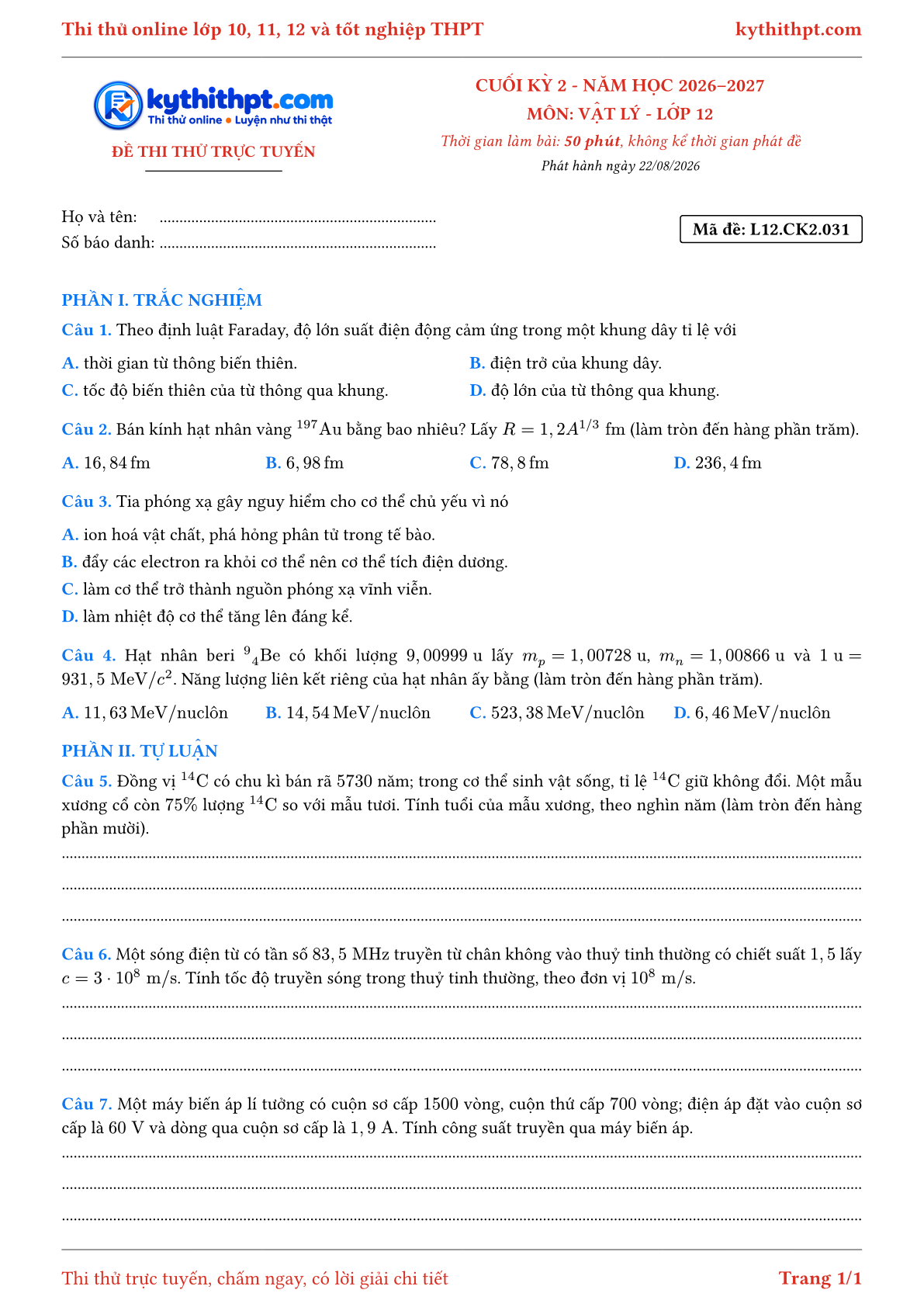 Trang đầu Đề thi thử online cuối kỳ 2 môn Vật lý lớp 12 - trắc nghiệm + tự luận nâng cao - đề 031