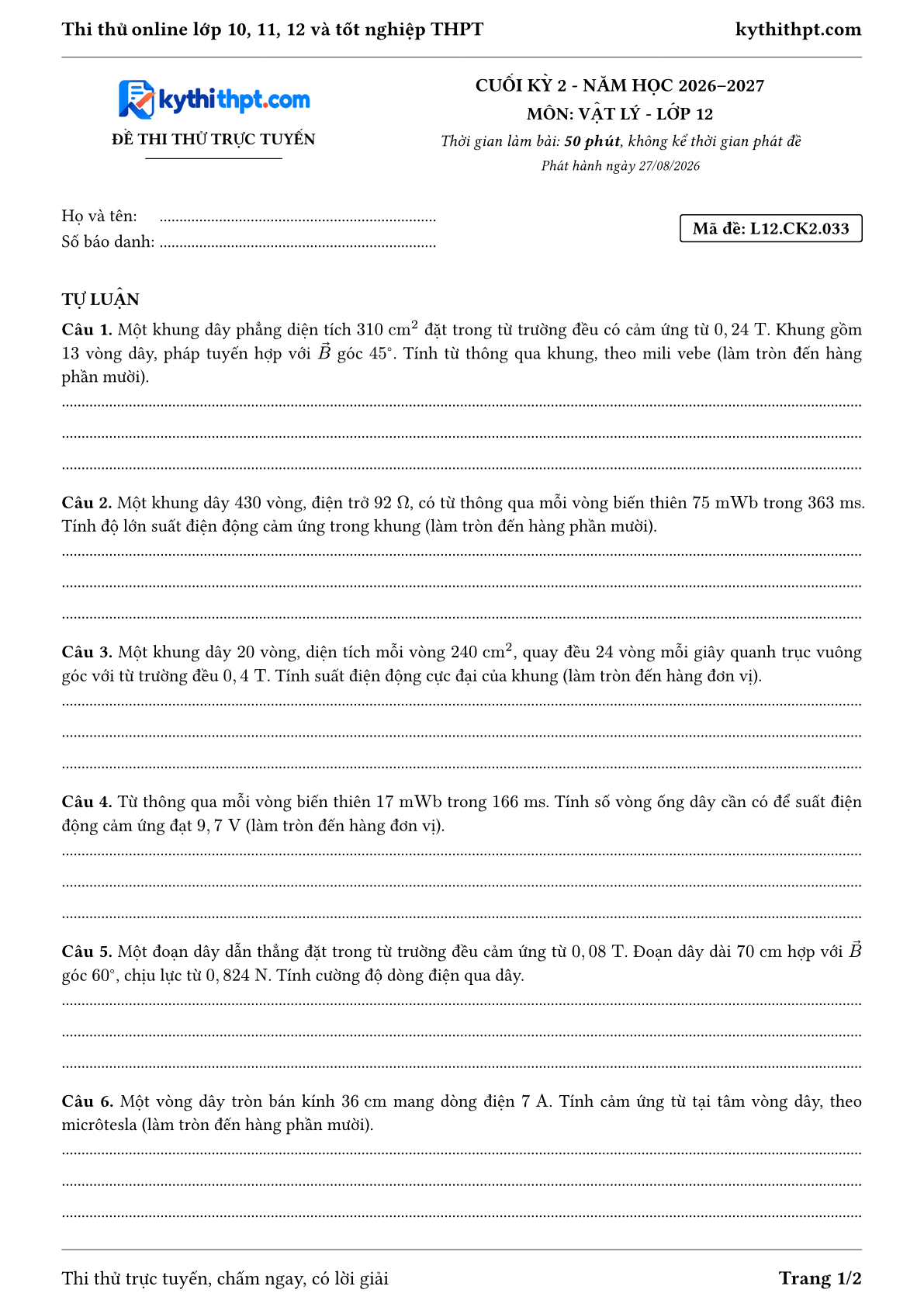 Trang đầu Đề thi thử online cuối kỳ 2 môn Vật lý lớp 12 - full tự luận - đề 033