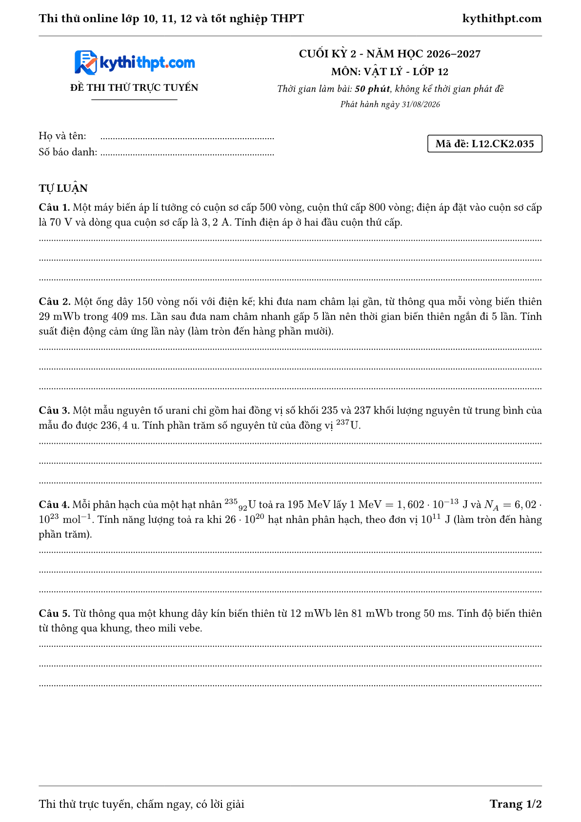 Trang đầu Đề thi thử online cuối kỳ 2 môn Vật lý lớp 12 - full tự luận - đề 035