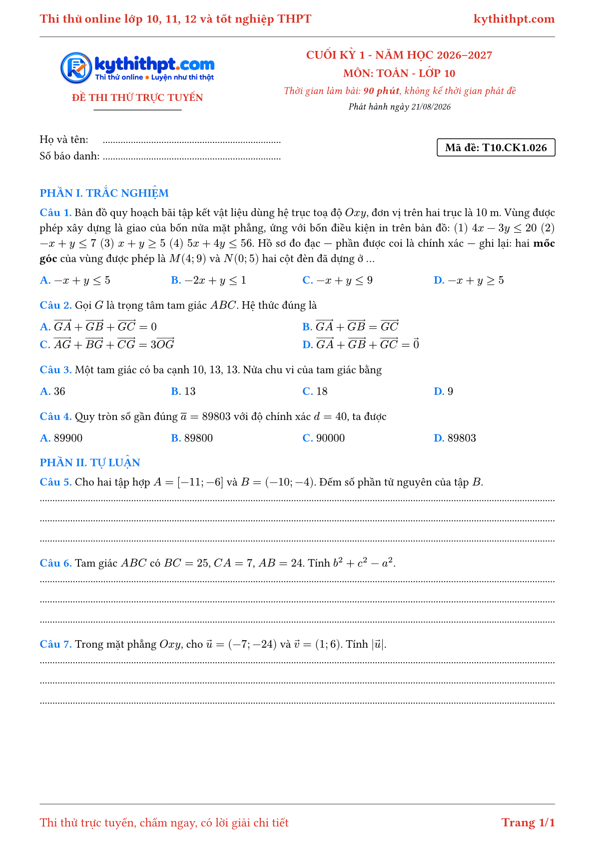 Trang đầu Đề thi thử online cuối kỳ 1 môn Toán lớp 10 - trắc nghiệm + tự luận nâng cao - đề 026