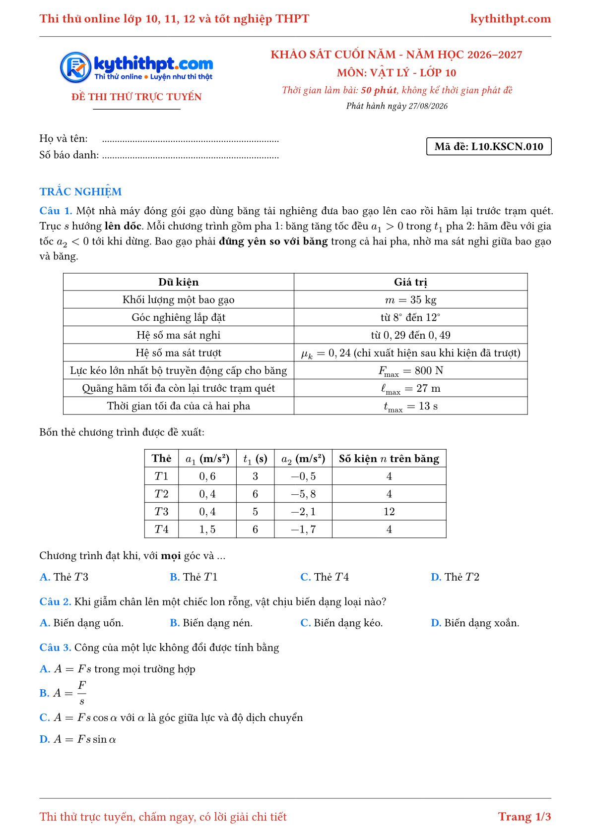 Trang đầu Đề thi thử online khảo sát cuối năm môn Vật lý lớp 10 - full trắc nghiệm - đề 010