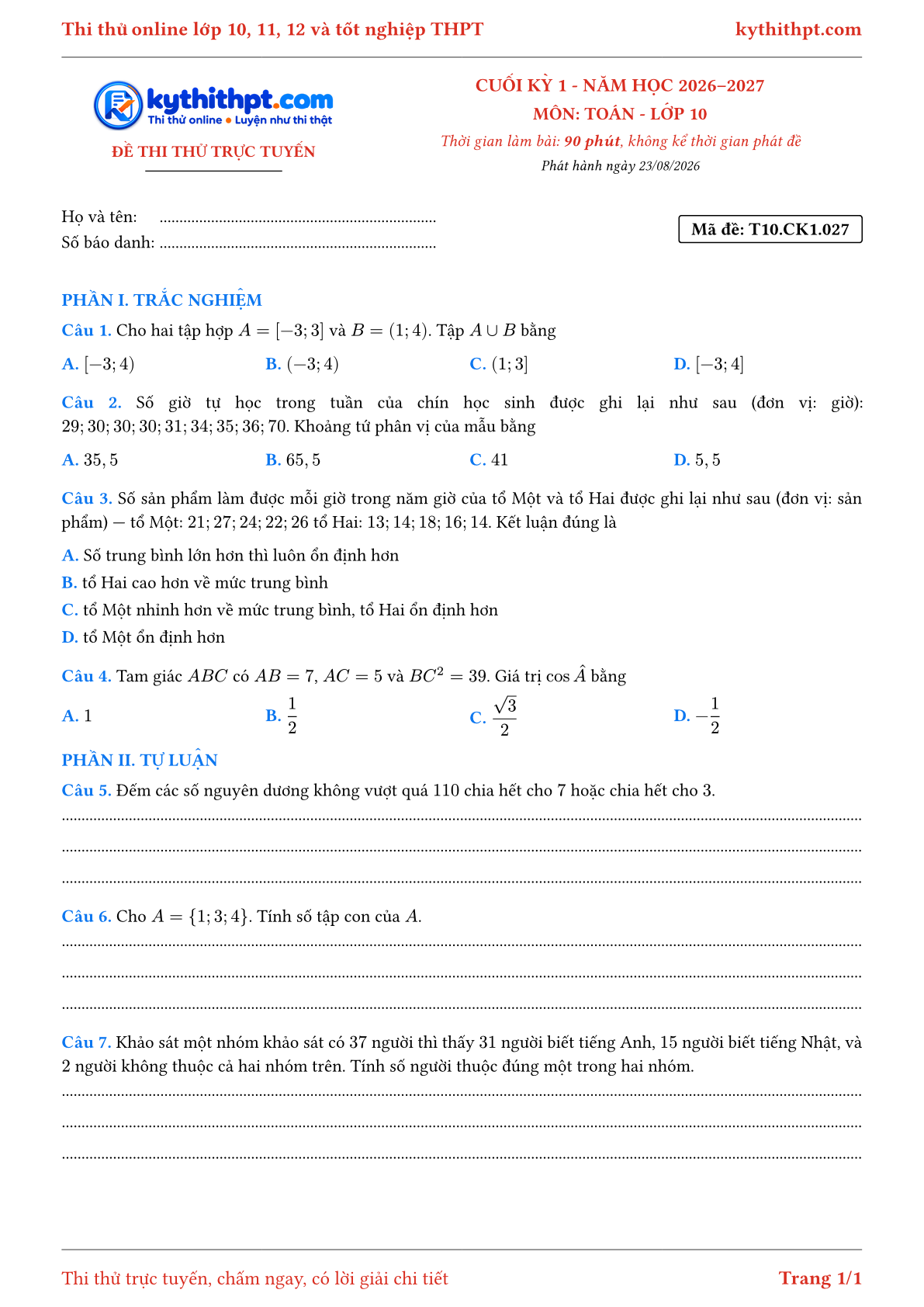 Trang đầu Đề thi thử online cuối kỳ 1 môn Toán lớp 10 - trắc nghiệm + tự luận nâng cao - đề 027