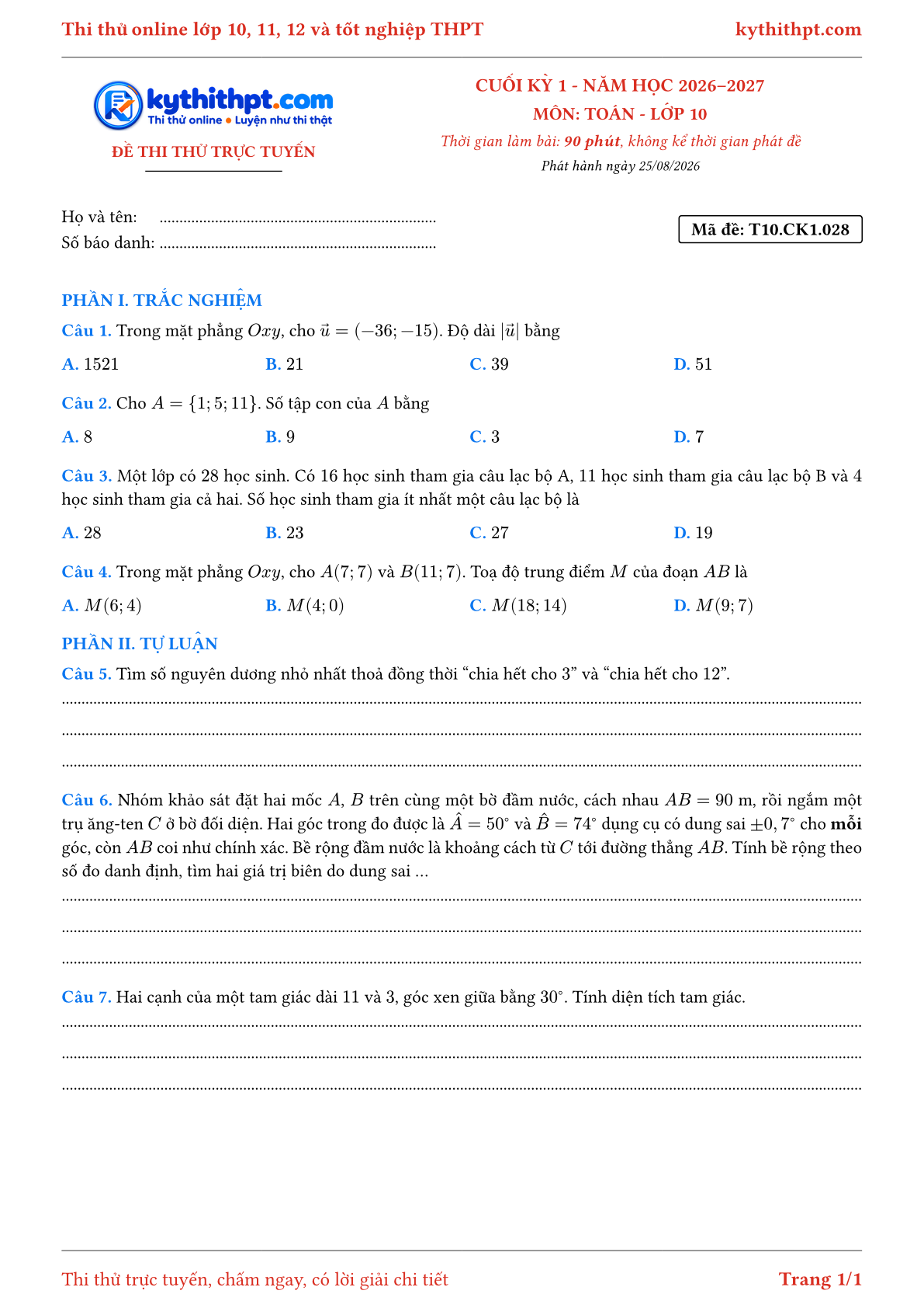 Trang đầu Đề thi thử online cuối kỳ 1 môn Toán lớp 10 - trắc nghiệm + tự luận nâng cao - đề 028