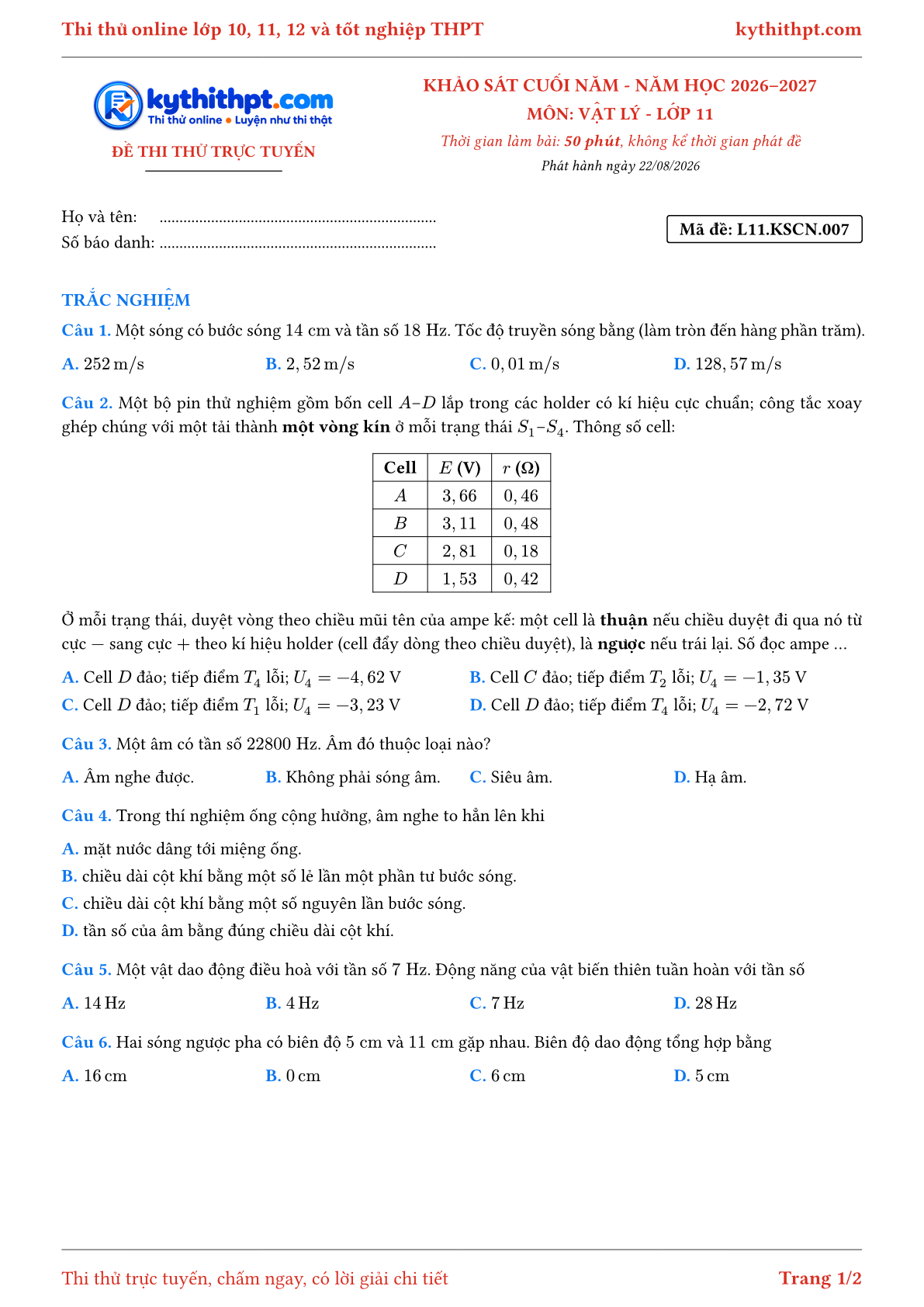 Trang đầu Đề thi thử online khảo sát cuối năm môn Vật lý lớp 11 - full trắc nghiệm - đề 007