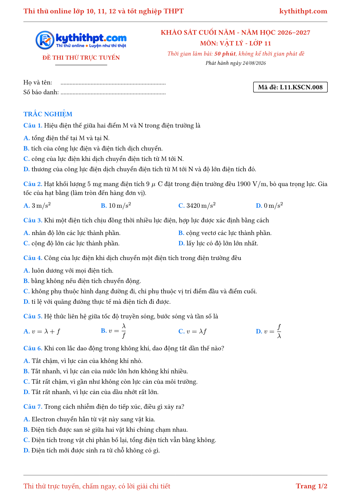 Trang đầu Đề thi thử online khảo sát cuối năm môn Vật lý lớp 11 - full trắc nghiệm - đề 008