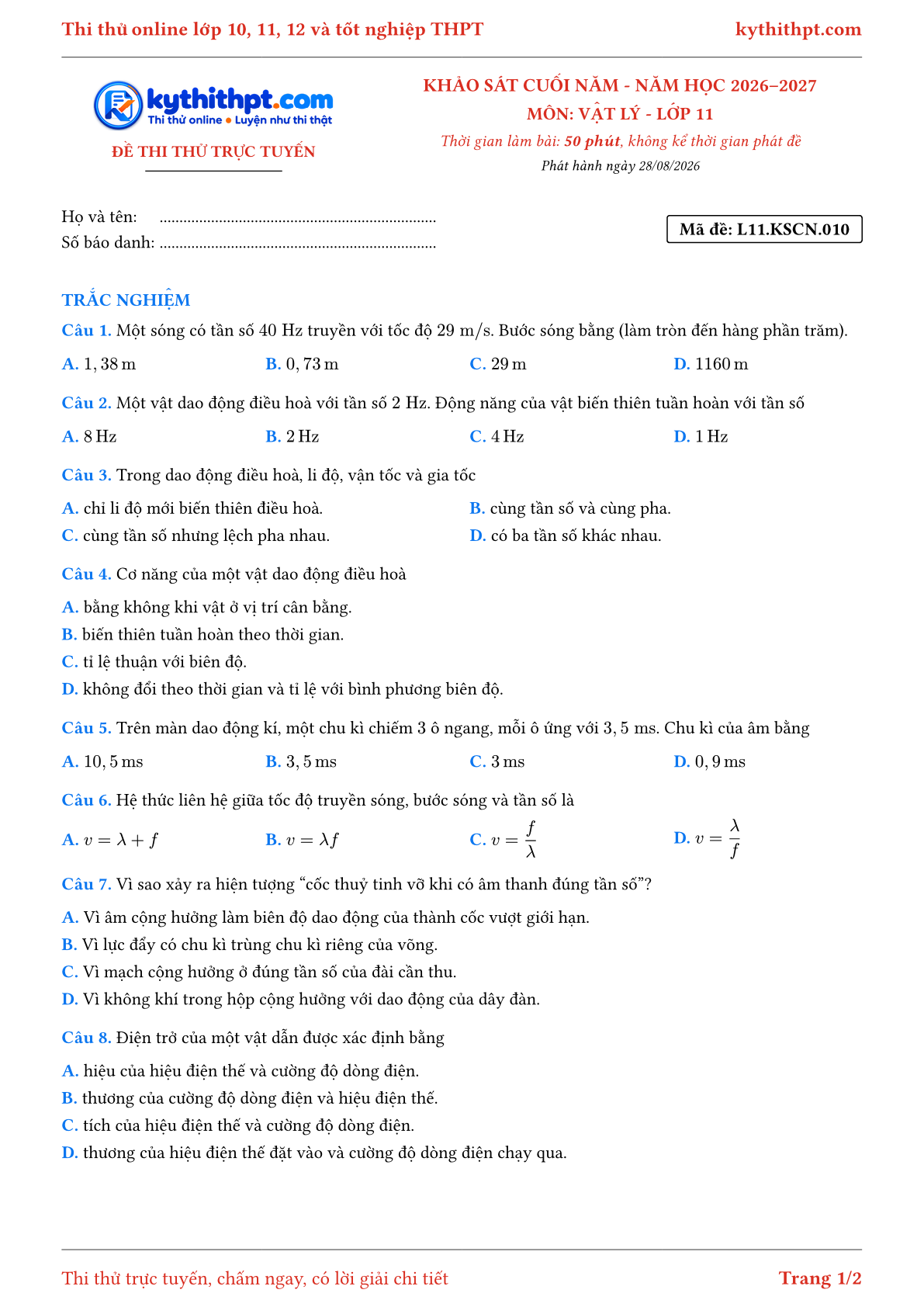 Trang đầu Đề thi thử online khảo sát cuối năm môn Vật lý lớp 11 - full trắc nghiệm - đề 010