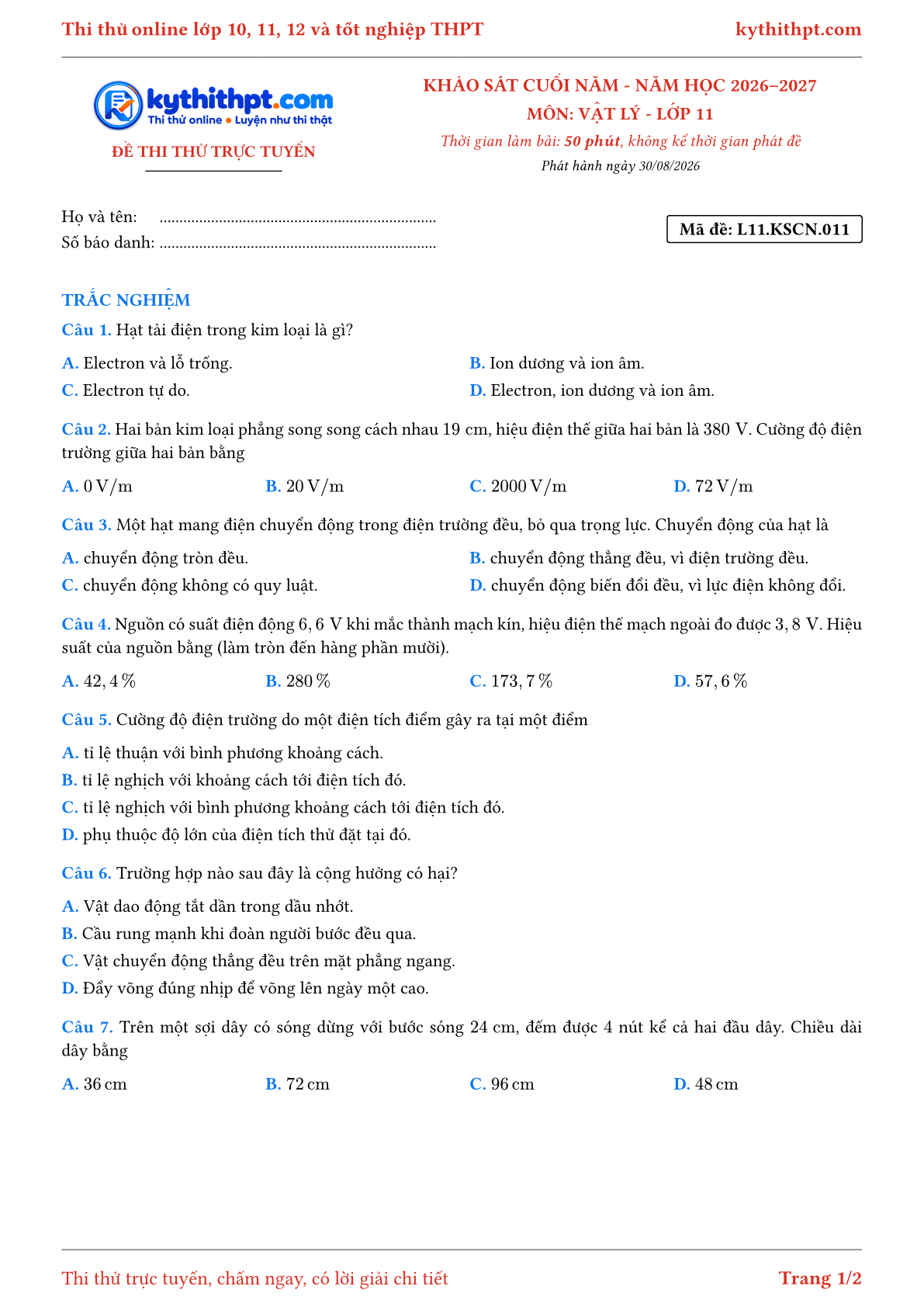 Trang đầu Đề thi thử online khảo sát cuối năm môn Vật lý lớp 11 - full trắc nghiệm - đề 011
