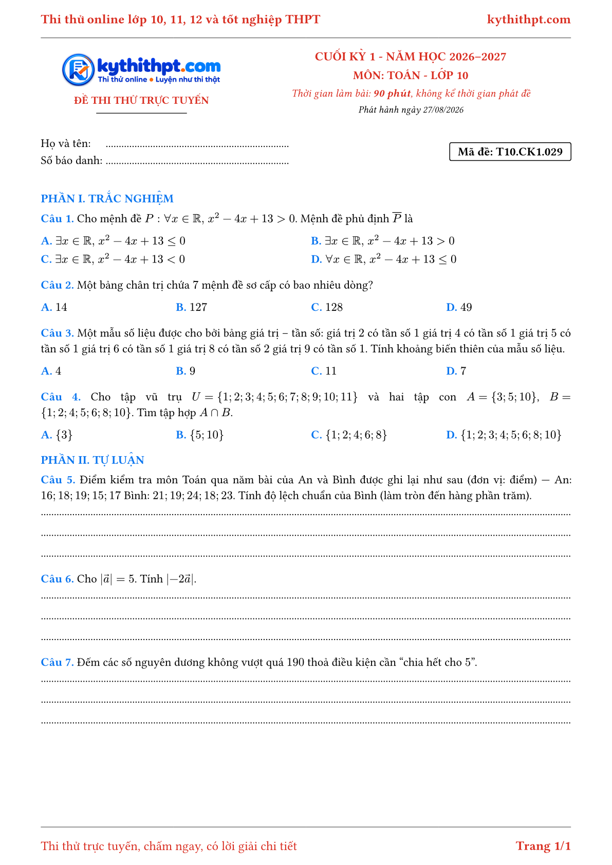 Trang đầu Đề thi thử online cuối kỳ 1 môn Toán lớp 10 - trắc nghiệm + tự luận nâng cao - đề 029