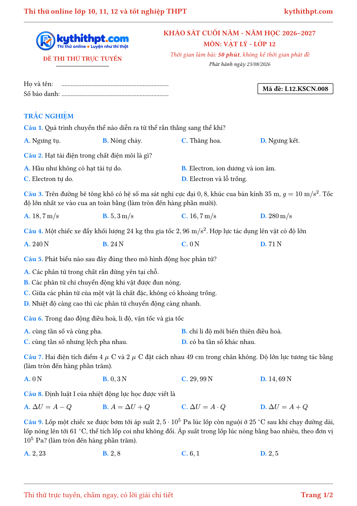 Trang đầu Đề thi thử online khảo sát cuối năm môn Vật lý lớp 12 - full trắc nghiệm - đề 008