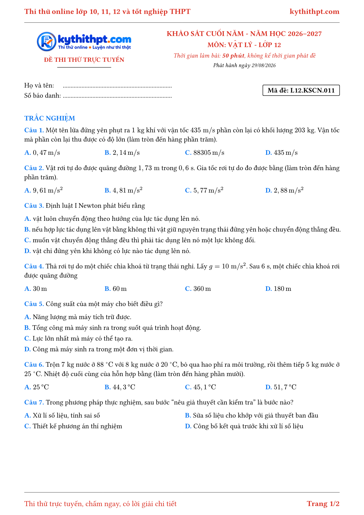 Trang đầu Đề thi thử online khảo sát cuối năm môn Vật lý lớp 12 - full trắc nghiệm - đề 011