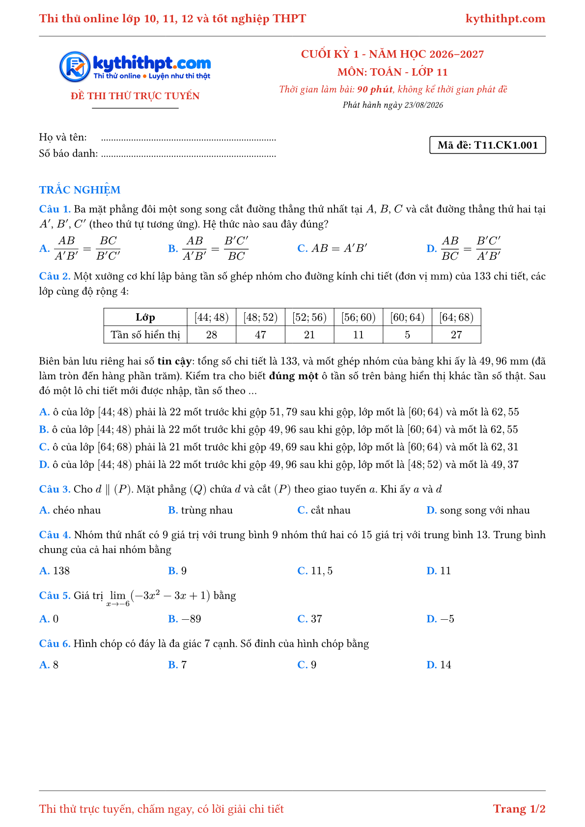 Trang đầu Đề thi thử online cuối kỳ 1 môn Toán lớp 11 - full trắc nghiệm - đề 001