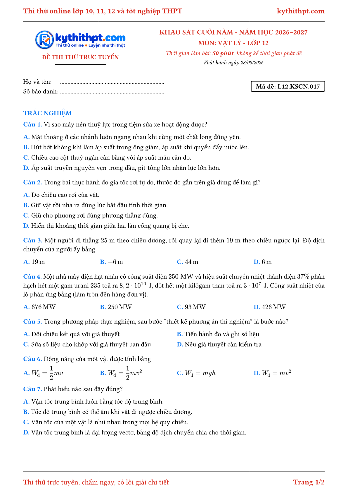 Trang đầu Đề thi thử online khảo sát cuối năm môn Vật lý lớp 12 - trắc nghiệm + trả lời ngắn - đề 017