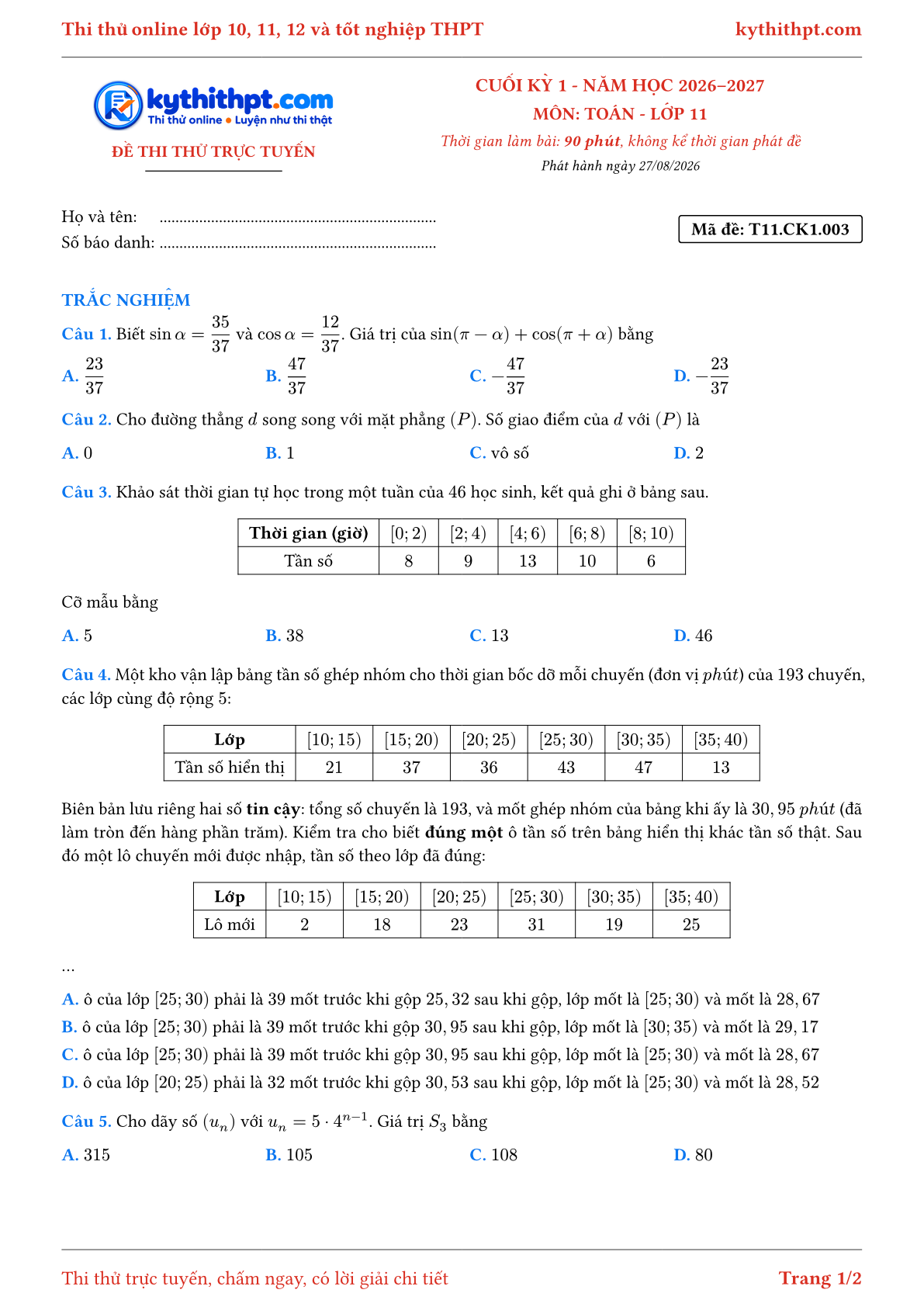 Trang đầu Đề thi thử online cuối kỳ 1 môn Toán lớp 11 - full trắc nghiệm - đề 003