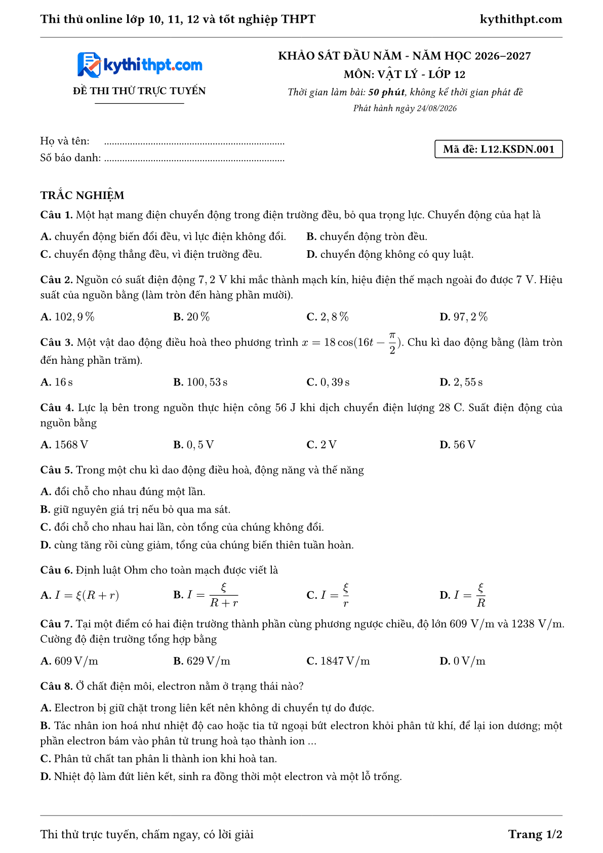 Trang đầu Đề thi thử online khảo sát đầu năm môn Vật lý lớp 12 - full trắc nghiệm - đề 001