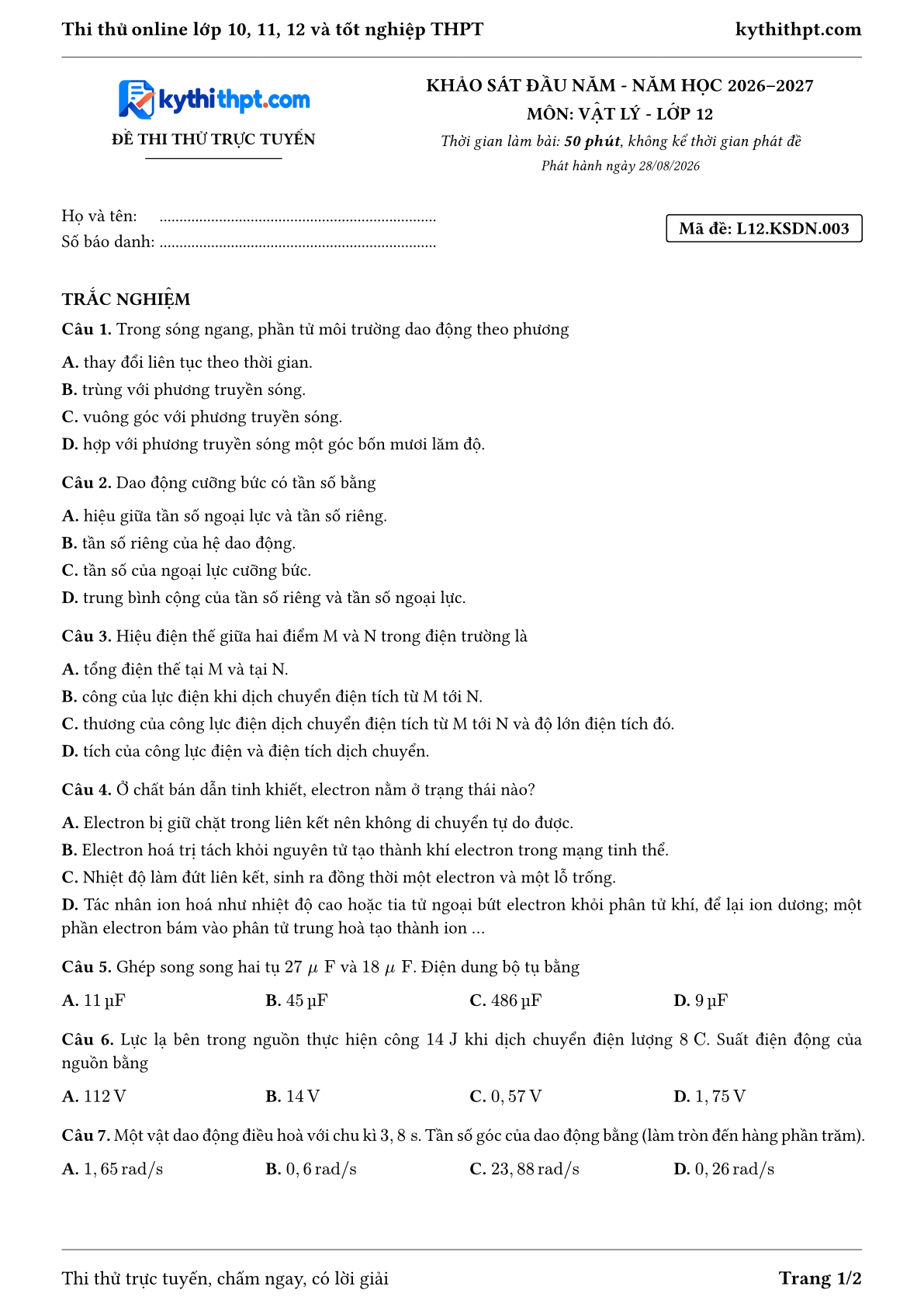 Trang đầu Đề thi thử online khảo sát đầu năm môn Vật lý lớp 12 - full trắc nghiệm - đề 003