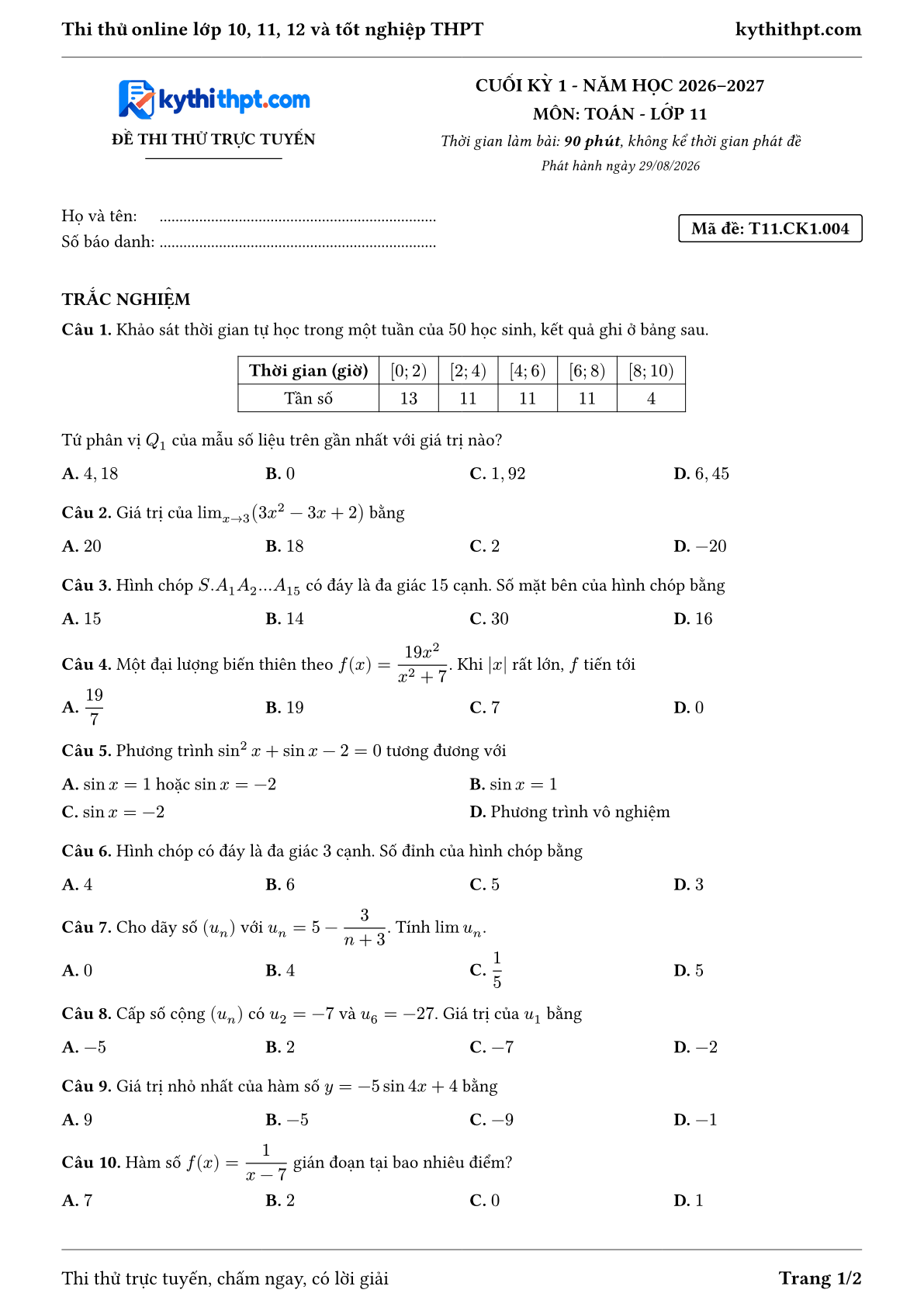 Trang đầu Đề thi thử online cuối kỳ 1 môn Toán lớp 11 - full trắc nghiệm - đề 004