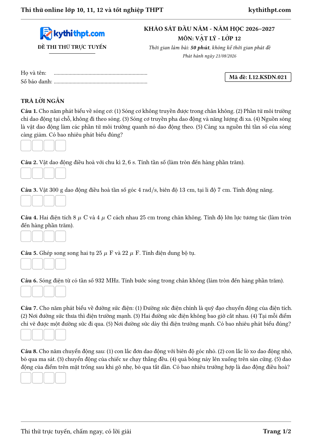 Trang đầu Đề thi thử online khảo sát đầu năm môn Vật lý lớp 12 - full trả lời ngắn - đề 021