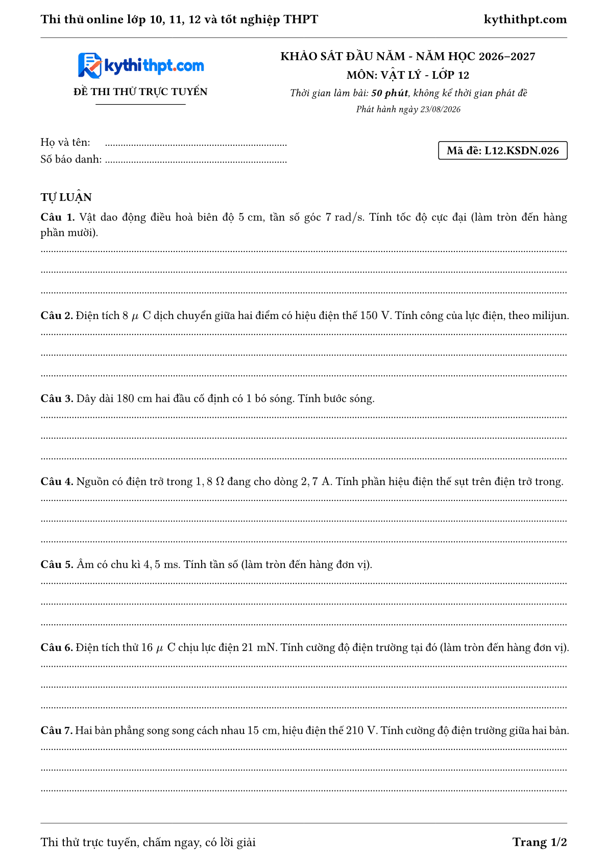 Trang đầu Đề thi thử online khảo sát đầu năm môn Vật lý lớp 12 - full tự luận - đề 026