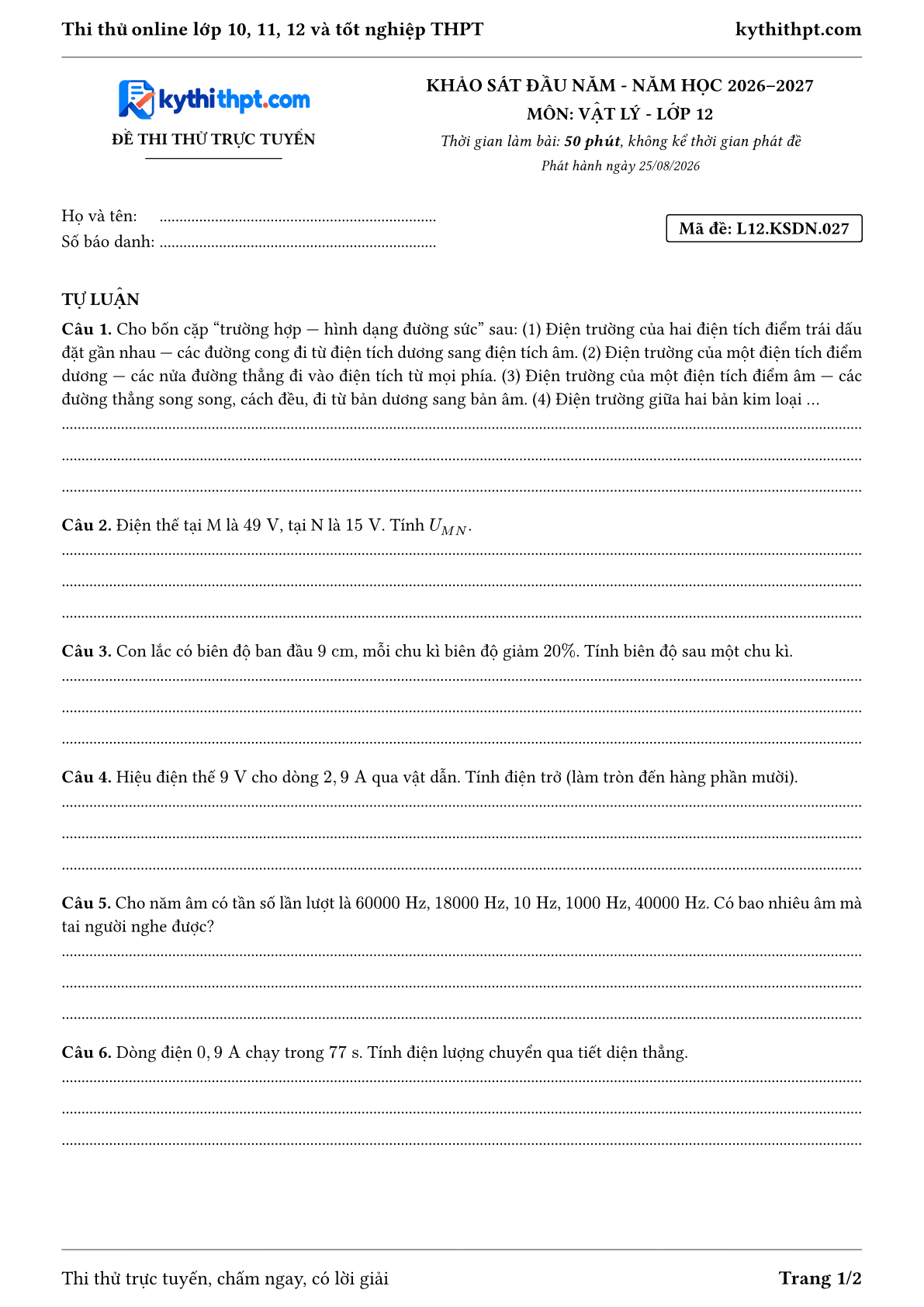 Trang đầu Đề thi thử online khảo sát đầu năm môn Vật lý lớp 12 - full tự luận - đề 027