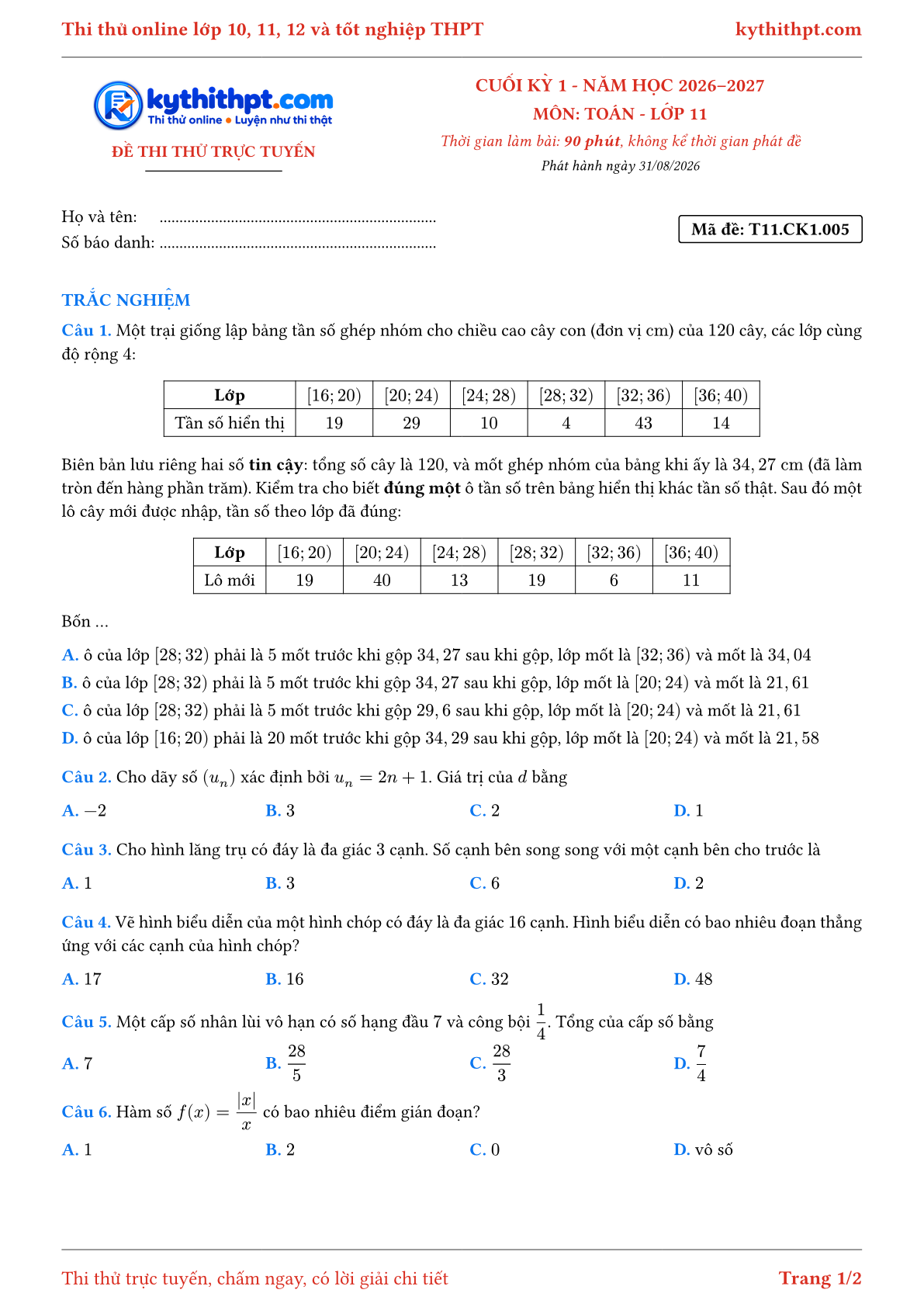 Trang đầu Đề thi thử online cuối kỳ 1 môn Toán lớp 11 - full trắc nghiệm - đề 005