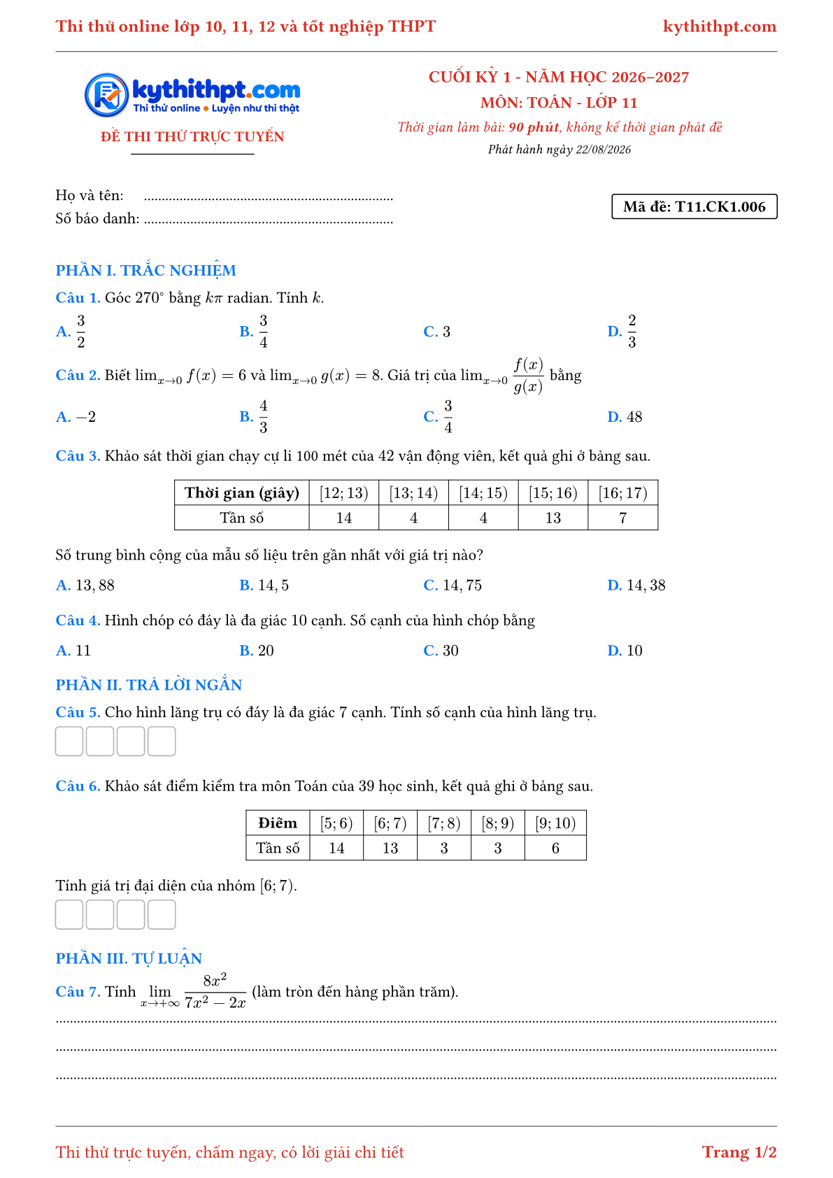 Trang đầu Đề thi thử online cuối kỳ 1 môn Toán lớp 11 - trắc nghiệm + trả lời ngắn + tự luận - đề 006