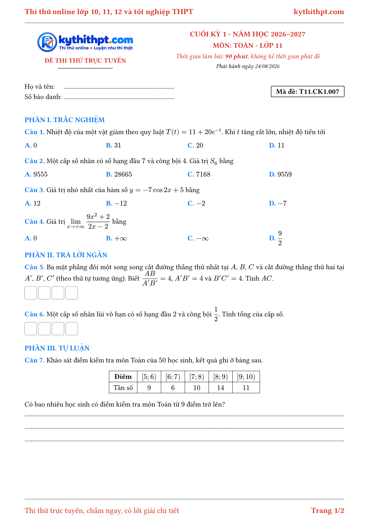 Trang đầu Đề thi thử online cuối kỳ 1 môn Toán lớp 11 - trắc nghiệm + trả lời ngắn + tự luận - đề 007