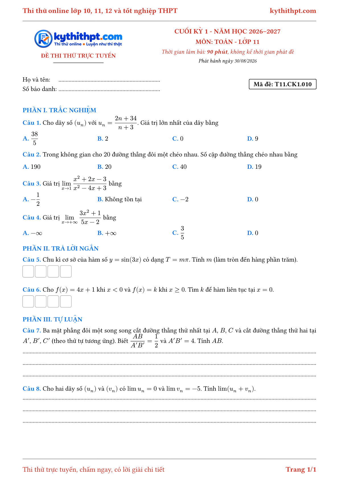 Trang đầu Đề thi thử online cuối kỳ 1 môn Toán lớp 11 - trắc nghiệm + trả lời ngắn + tự luận - đề 010