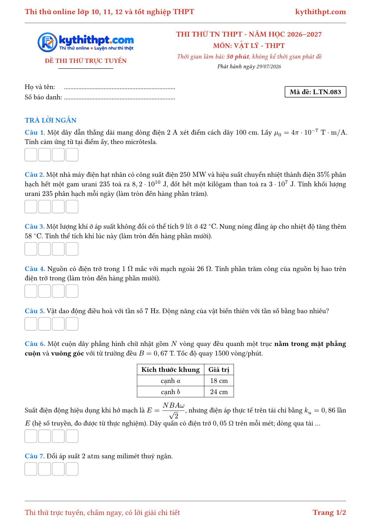 Trang đầu Đề thi thử online tốt nghiệp THPT môn Vật lý - ôn luyện trả lời ngắn - đề 083