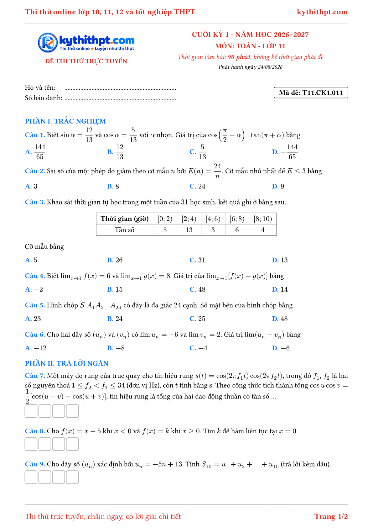 Trang đầu Đề thi thử online cuối kỳ 1 môn Toán lớp 11 - trắc nghiệm + trả lời ngắn - đề 011