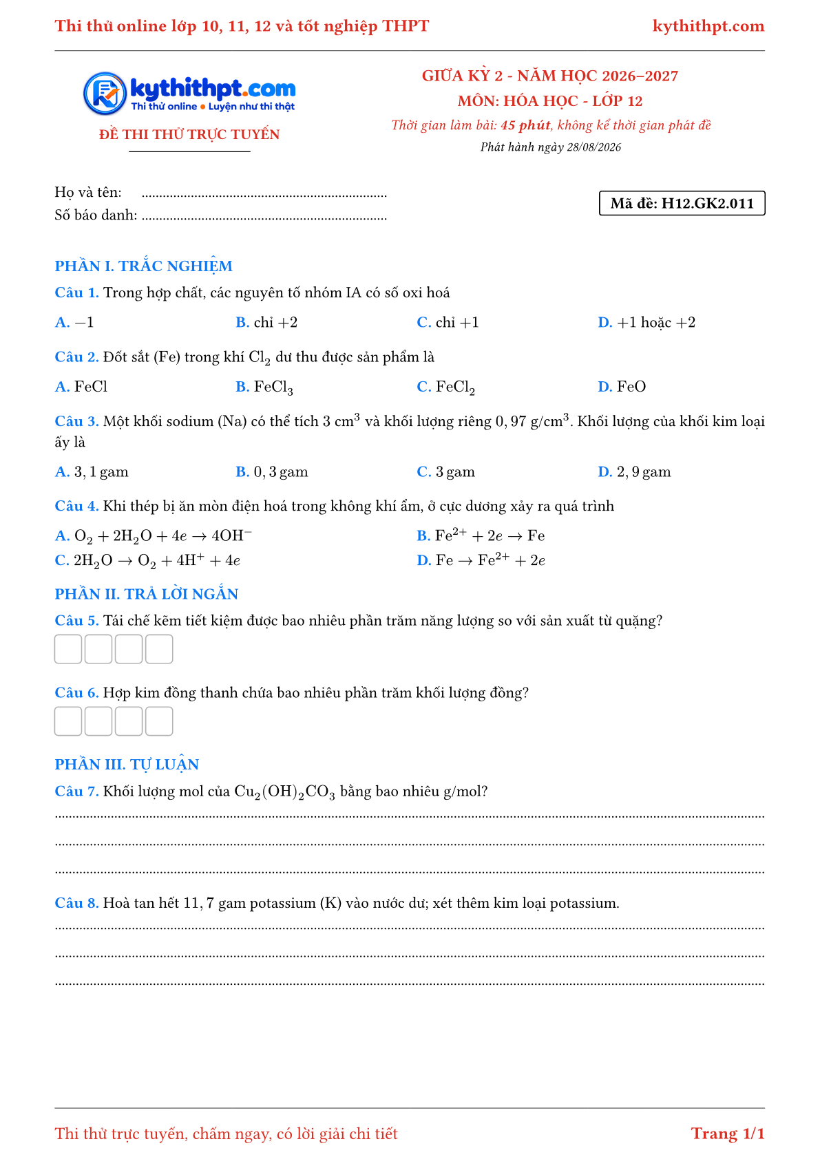 Trang đầu Đề thi thử online giữa kỳ 2 môn Hóa học lớp 12 - trắc nghiệm + trả lời ngắn + tự luận - đề 011