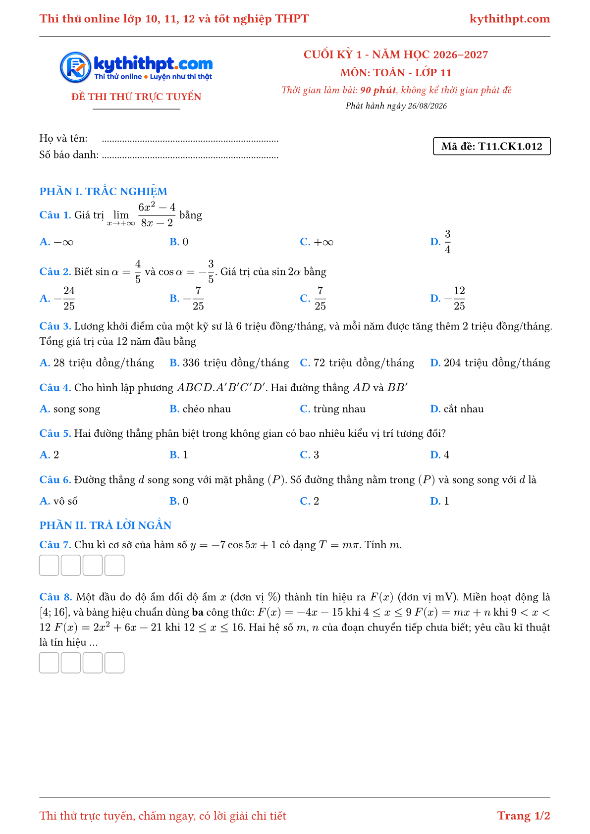 Trang đầu Đề thi thử online cuối kỳ 1 môn Toán lớp 11 - trắc nghiệm + trả lời ngắn - đề 012