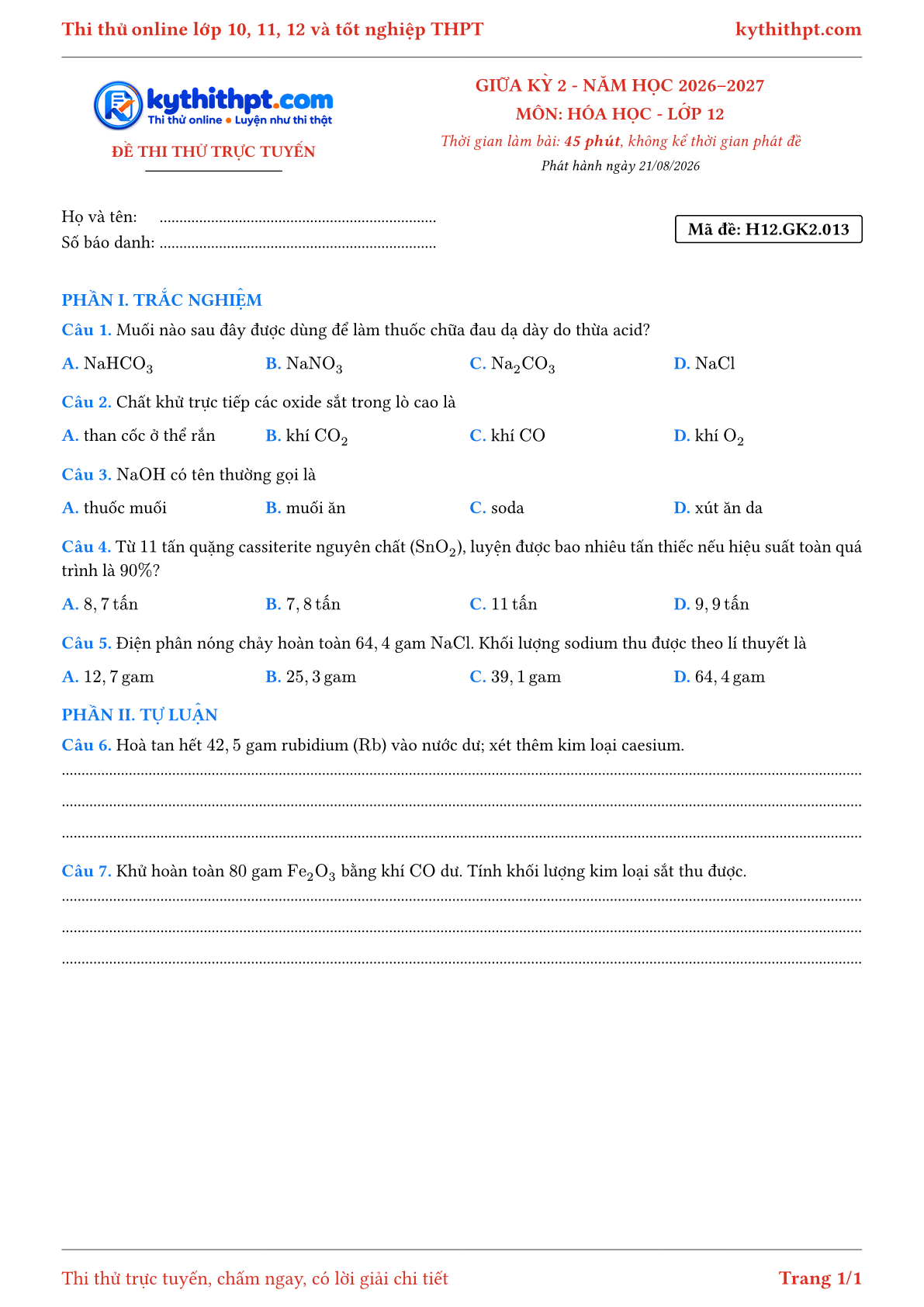 Trang đầu Đề thi thử online giữa kỳ 2 môn Hóa học lớp 12 - trắc nghiệm + tự luận - đề 013