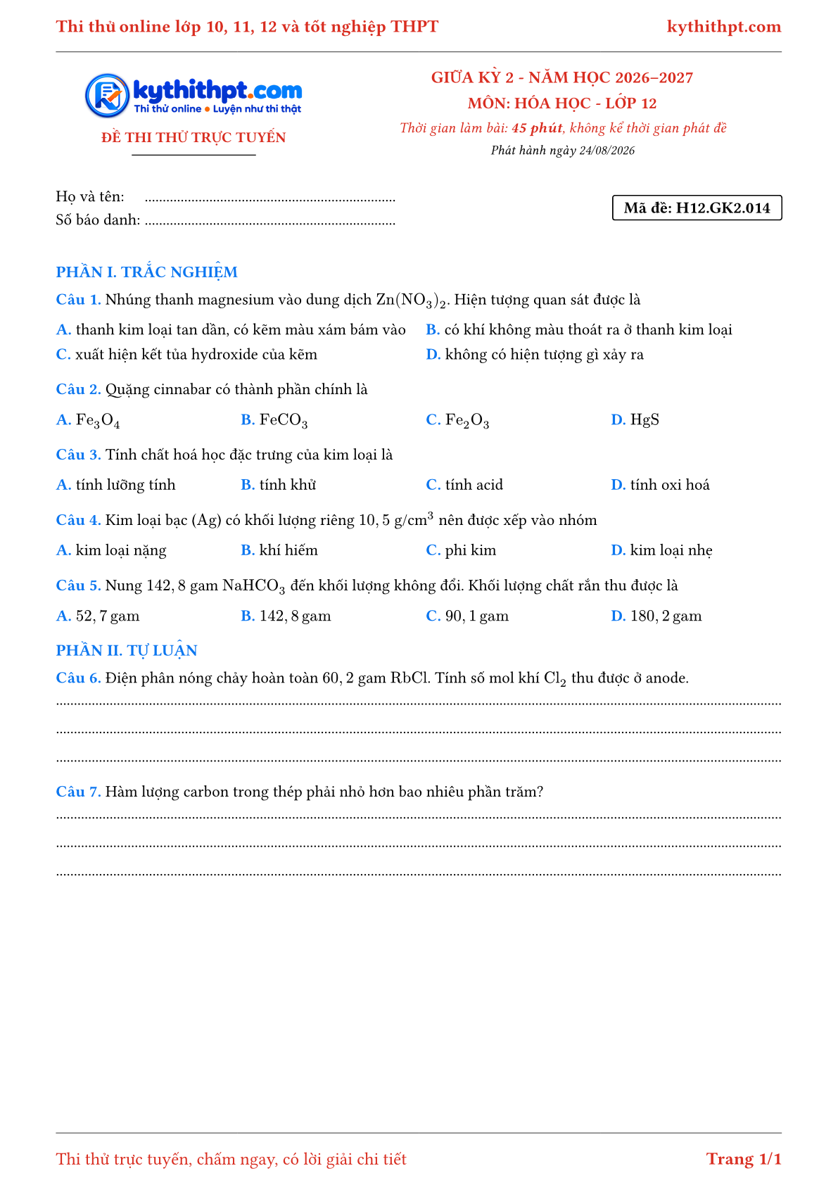 Trang đầu Đề thi thử online giữa kỳ 2 môn Hóa học lớp 12 - trắc nghiệm + tự luận - đề 014