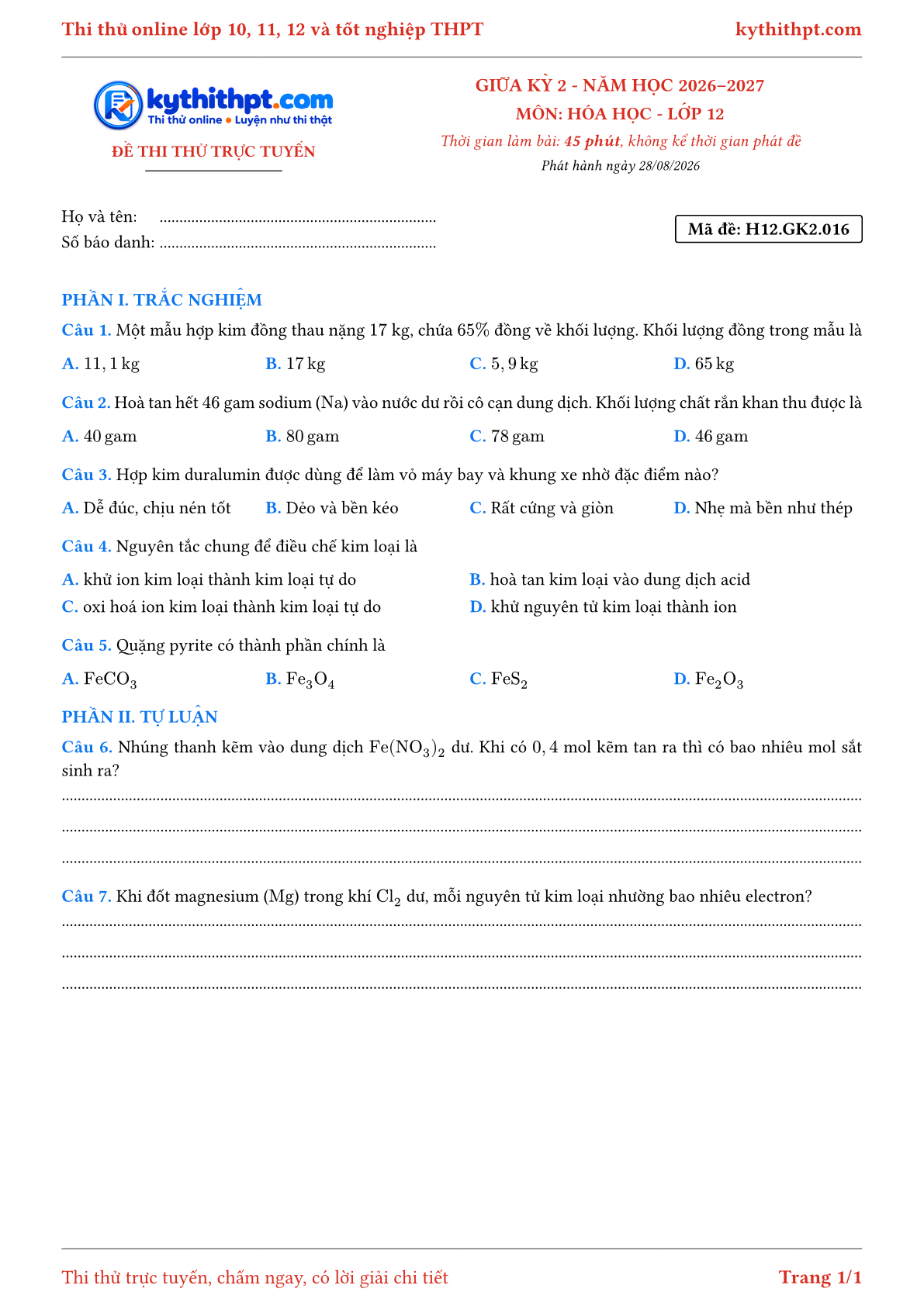 Trang đầu Đề thi thử online giữa kỳ 2 môn Hóa học lớp 12 - trắc nghiệm + tự luận - đề 016