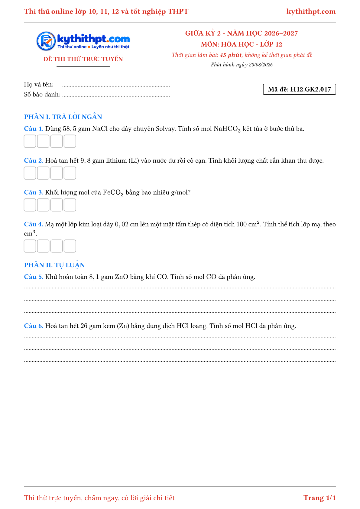 Trang đầu Đề thi thử online giữa kỳ 2 môn Hóa học lớp 12 - trả lời ngắn + tự luận - đề 017