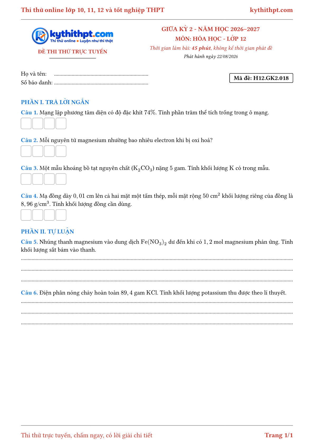 Trang đầu Đề thi thử online giữa kỳ 2 môn Hóa học lớp 12 - trả lời ngắn + tự luận - đề 018
