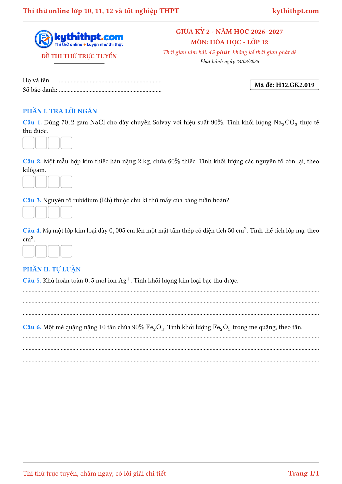 Trang đầu Đề thi thử online giữa kỳ 2 môn Hóa học lớp 12 - trả lời ngắn + tự luận - đề 019