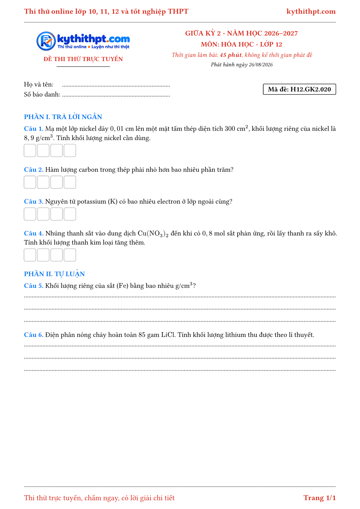 Trang đầu Đề thi thử online giữa kỳ 2 môn Hóa học lớp 12 - trả lời ngắn + tự luận - đề 020