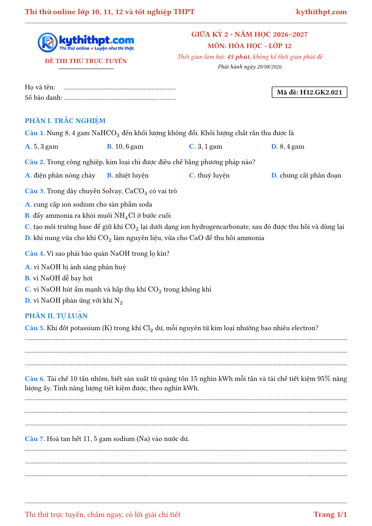 Trang đầu Đề thi thử online giữa kỳ 2 môn Hóa học lớp 12 - trắc nghiệm + tự luận nâng cao - đề 021