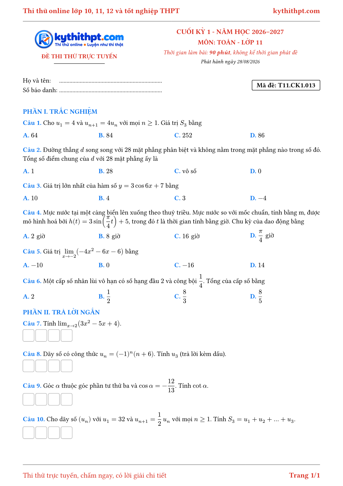 Trang đầu Đề thi thử online cuối kỳ 1 môn Toán lớp 11 - trắc nghiệm + trả lời ngắn - đề 013