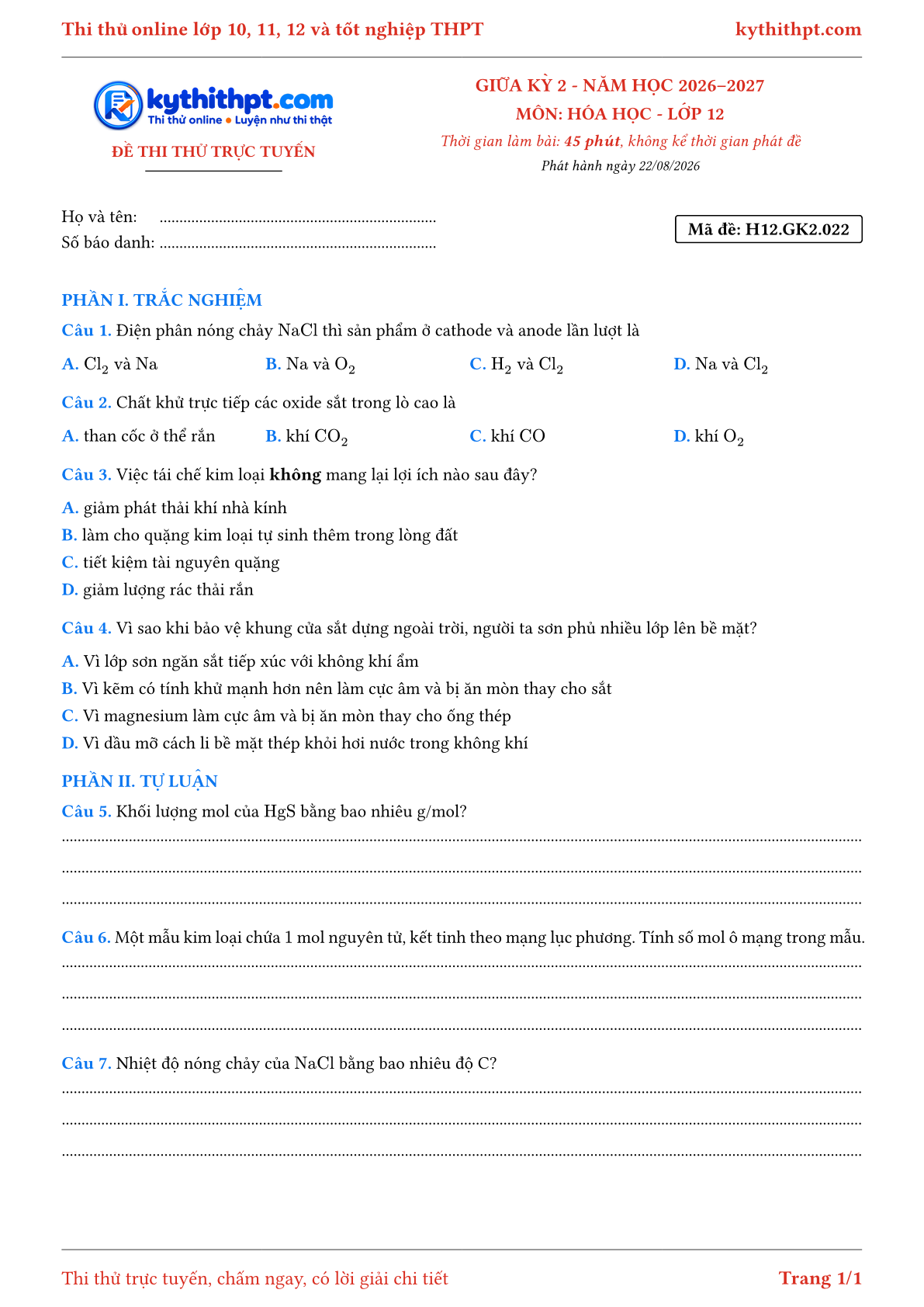 Trang đầu Đề thi thử online giữa kỳ 2 môn Hóa học lớp 12 - trắc nghiệm + tự luận nâng cao - đề 022