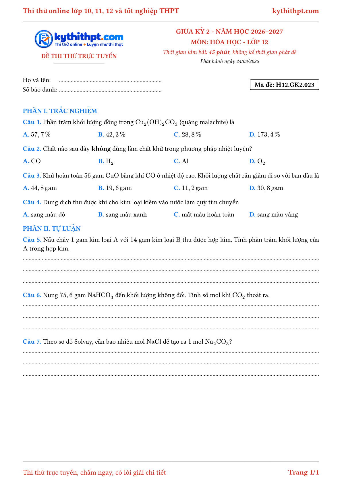 Trang đầu Đề thi thử online giữa kỳ 2 môn Hóa học lớp 12 - trắc nghiệm + tự luận nâng cao - đề 023