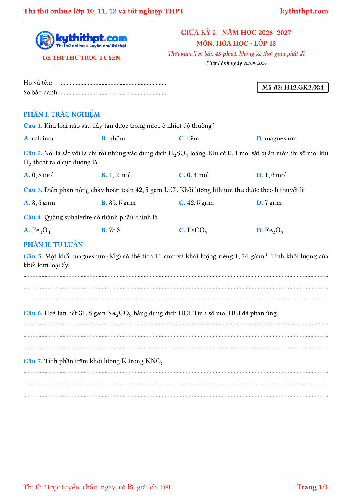 Trang đầu Đề thi thử online giữa kỳ 2 môn Hóa học lớp 12 - trắc nghiệm + tự luận nâng cao - đề 024