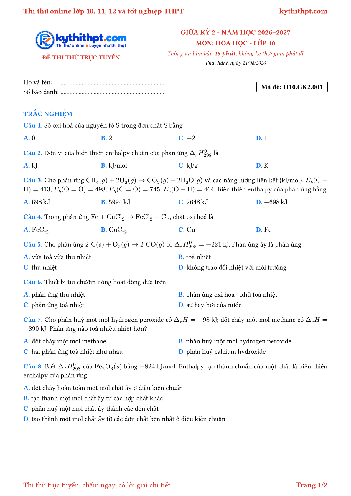 Trang đầu Đề thi thử online giữa kỳ 2 môn Hóa học lớp 10 - full trắc nghiệm - đề 001