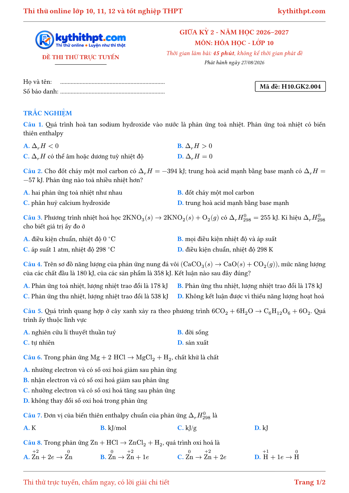 Trang đầu Đề thi thử online giữa kỳ 2 môn Hóa học lớp 10 - full trắc nghiệm - đề 004