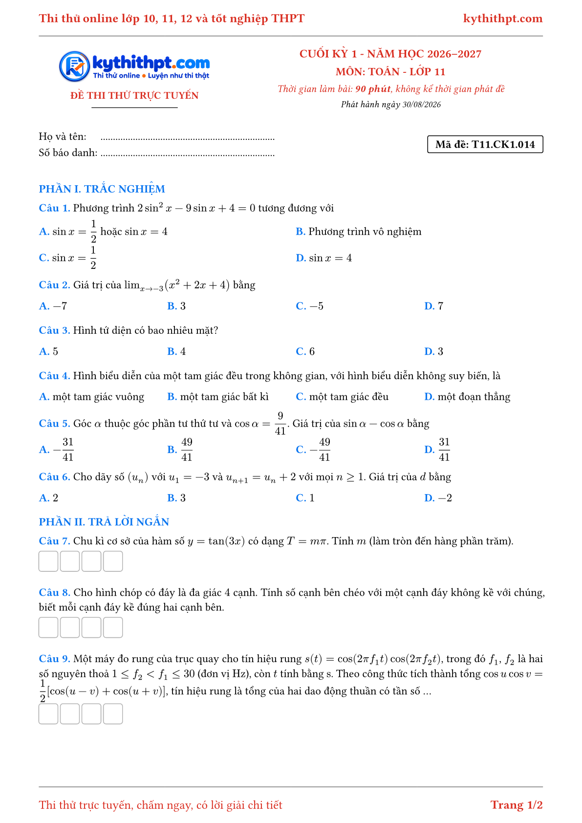 Trang đầu Đề thi thử online cuối kỳ 1 môn Toán lớp 11 - trắc nghiệm + trả lời ngắn - đề 014