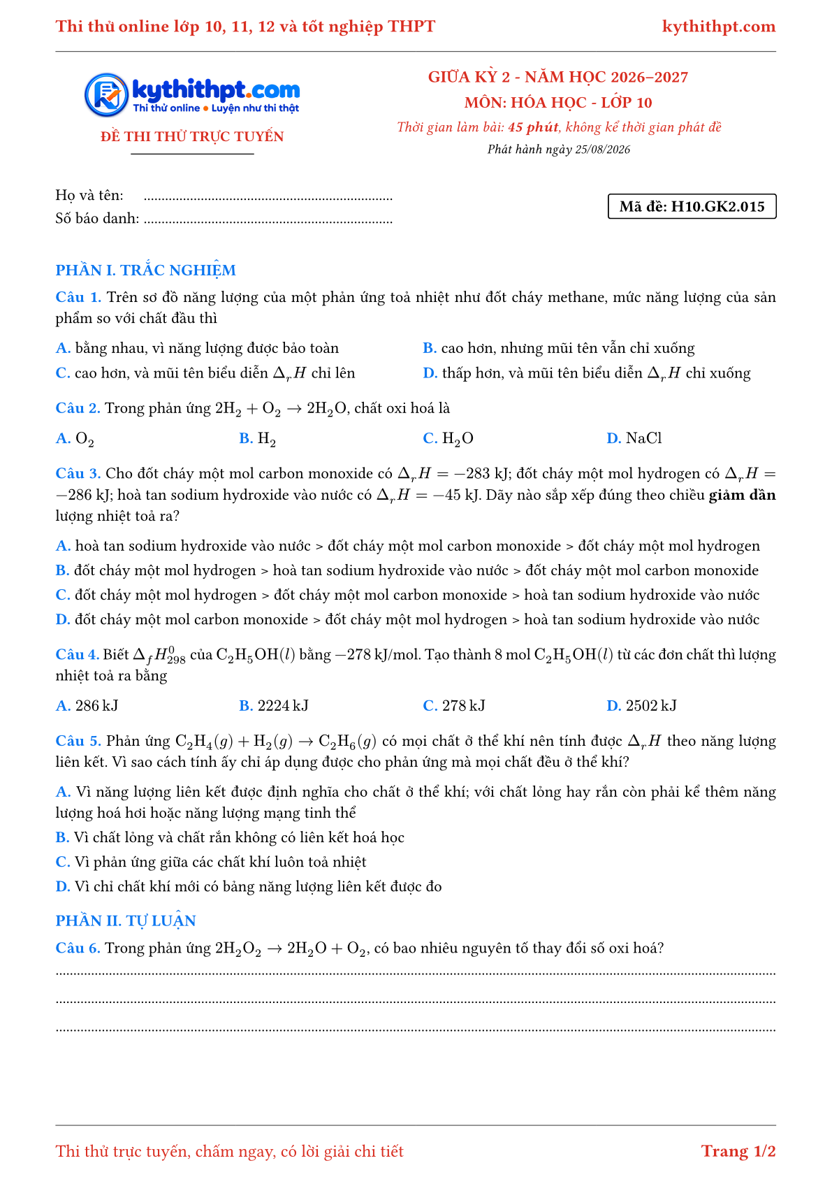 Trang đầu Đề thi thử online giữa kỳ 2 môn Hóa học lớp 10 - trắc nghiệm + tự luận - đề 015